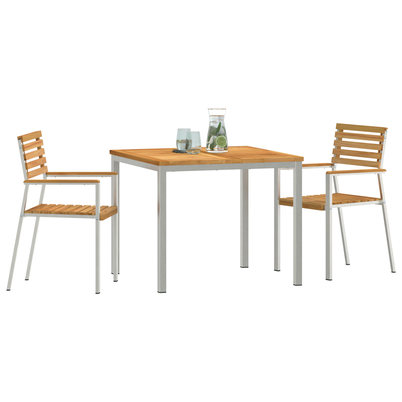 Set de masă pentru grădină  3 Piese din Lemn Solid de Tec, Masă de exterior  90x90x74.5 cm din Lemn Solid de Tec, Scaune de grădină stackabile  2 bucăți din Lemn Solid de Tec și Oțel GartenMobel Dekor