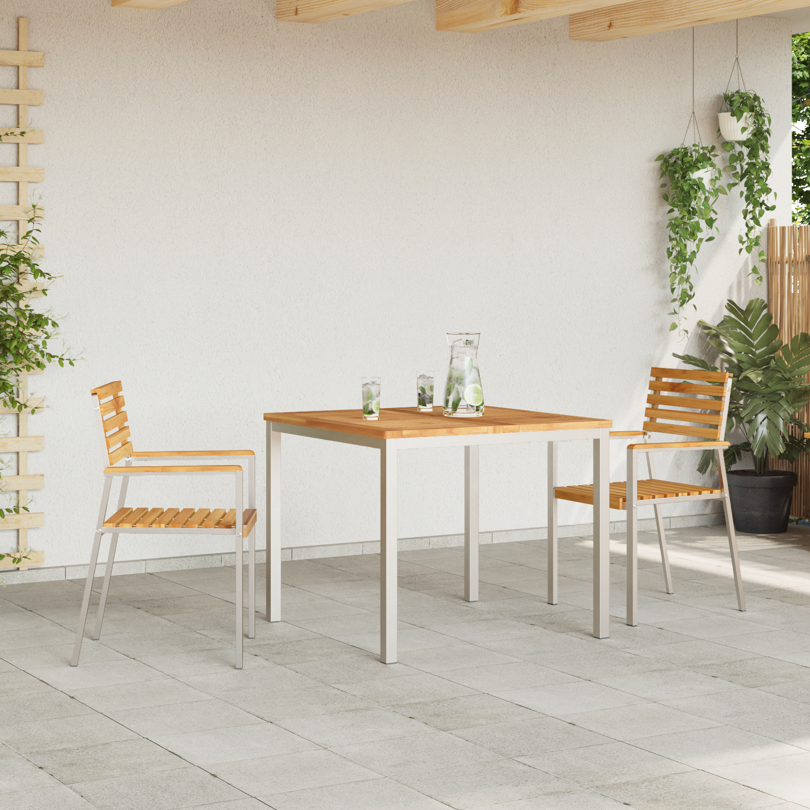 Set de masă pentru grădină  3 Piese din Lemn Solid de Tec, Masă de exterior  90x90x74.5 cm din Lemn Solid de Tec, Scaune de grădină stackabile  2 bucăți din Lemn Solid de Tec și Oțel GartenMobel Dekor
