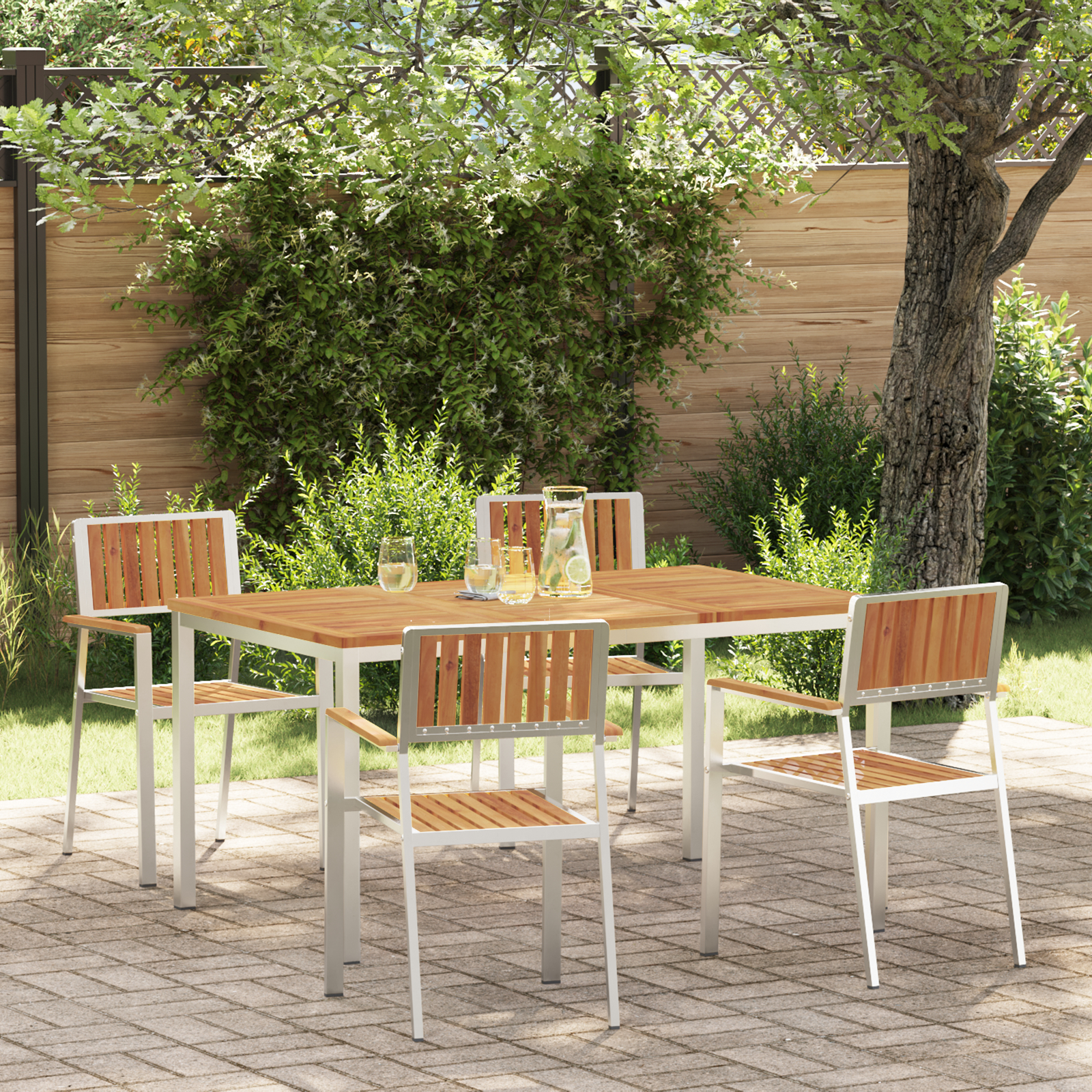 Set mese grădină  5 piese din lemn masiv de acacia, Masă dining afară  150x90x75 cm din lemn masiv de acacia, Scaune grădină stivuibile 4 buc din lemn masiv de acacia și metal GartenMobel Dekor
