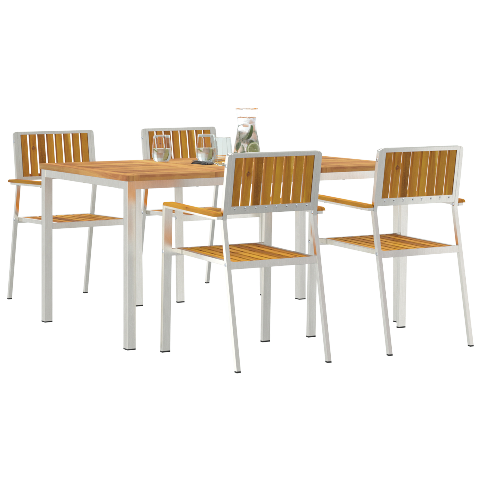 Set mese grădină  5 piese din lemn masiv de acacia, Masă dining afară  150x90x75 cm din lemn masiv de acacia, Scaune grădină stivuibile 4 buc din lemn masiv de acacia și metal GartenMobel Dekor