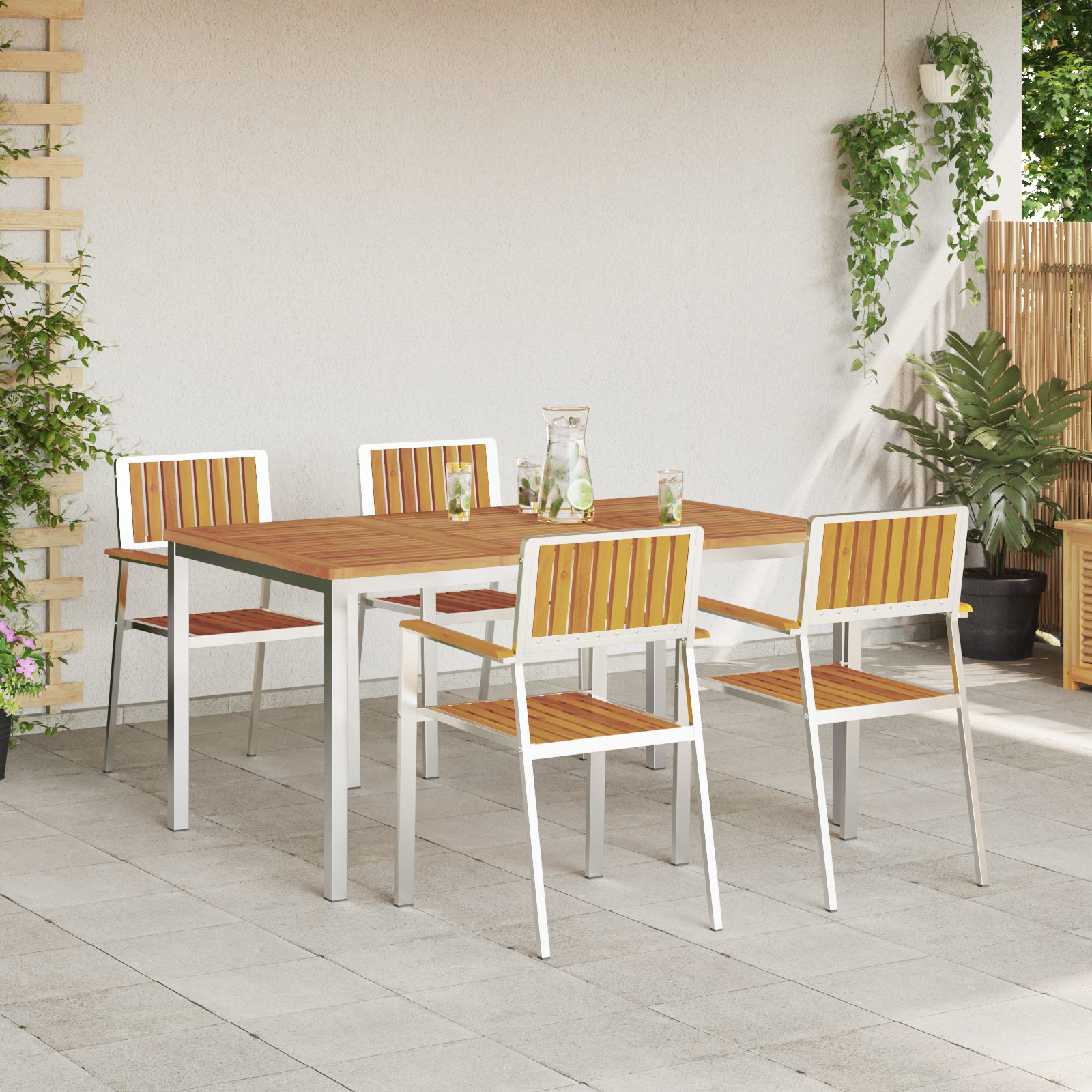 Set mese grădină  5 piese din lemn masiv de acacia, Masă dining afară  150x90x75 cm din lemn masiv de acacia, Scaune grădină stivuibile 4 buc din lemn masiv de acacia și metal GartenMobel Dekor