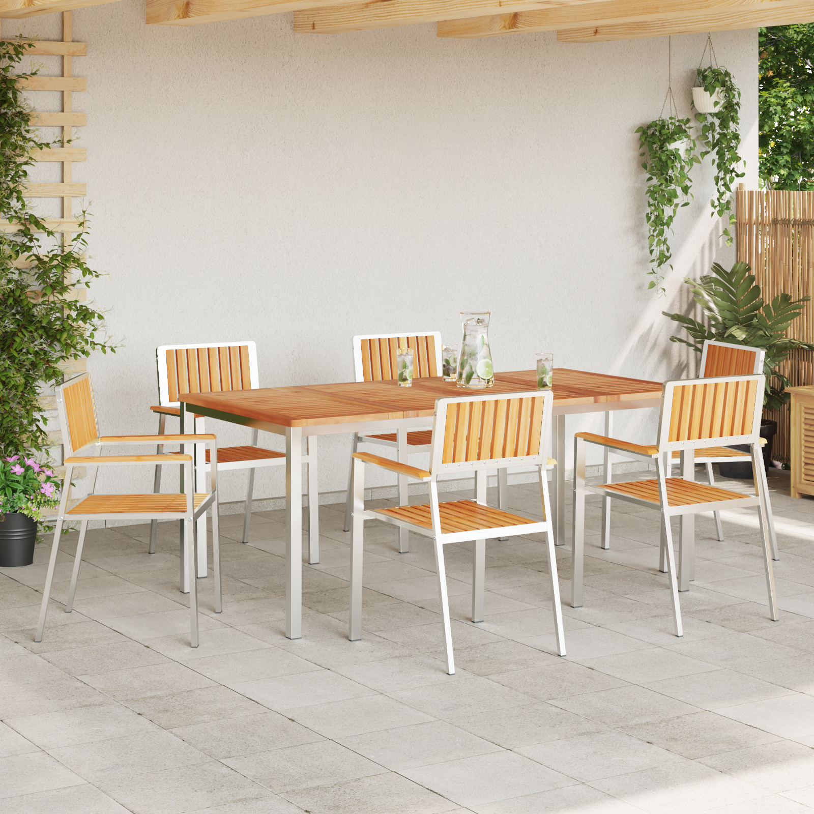 Scaune de grădină stivuibile  6 pcs 54.5x56x87 cm Lemn masiv de tec, Scaune de grădină stivuibile  4 pcs Lemn masiv de tec și metal, Scaune de grădină stivuibile  2 pcs Lemn masiv de tec și metal GartenMobel Dekor