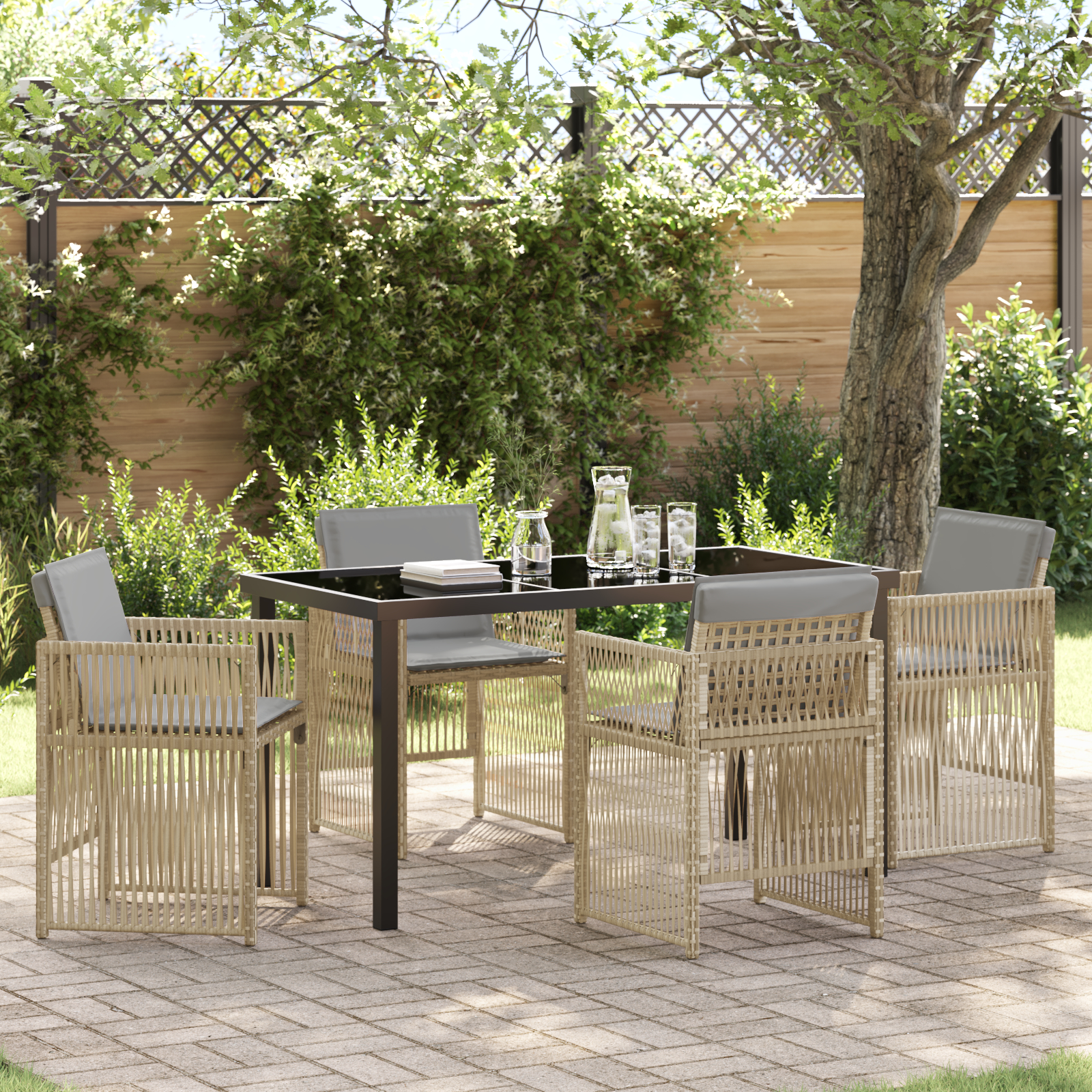 Set de dining pentru grădină cu 5 piese cu perne în rattan bej,  Masă de grădină în negru 140x80x73 cm cu sticlă securizată GartenMobel Dekor