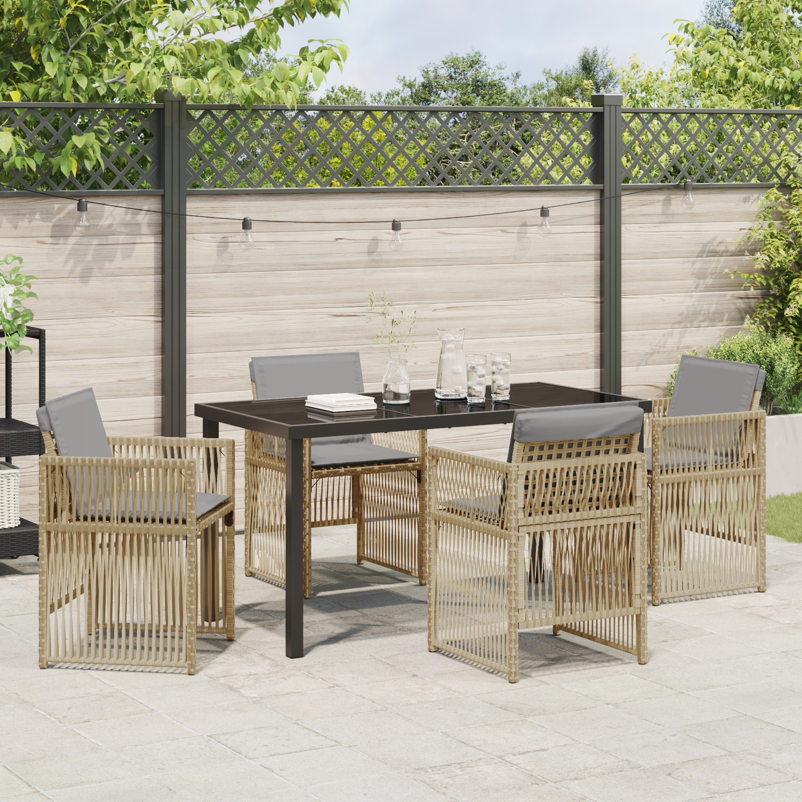 Set de dining pentru grădină cu 5 piese cu perne în rattan bej,  Masă de grădină în negru 140x80x73 cm cu sticlă securizată GartenMobel Dekor