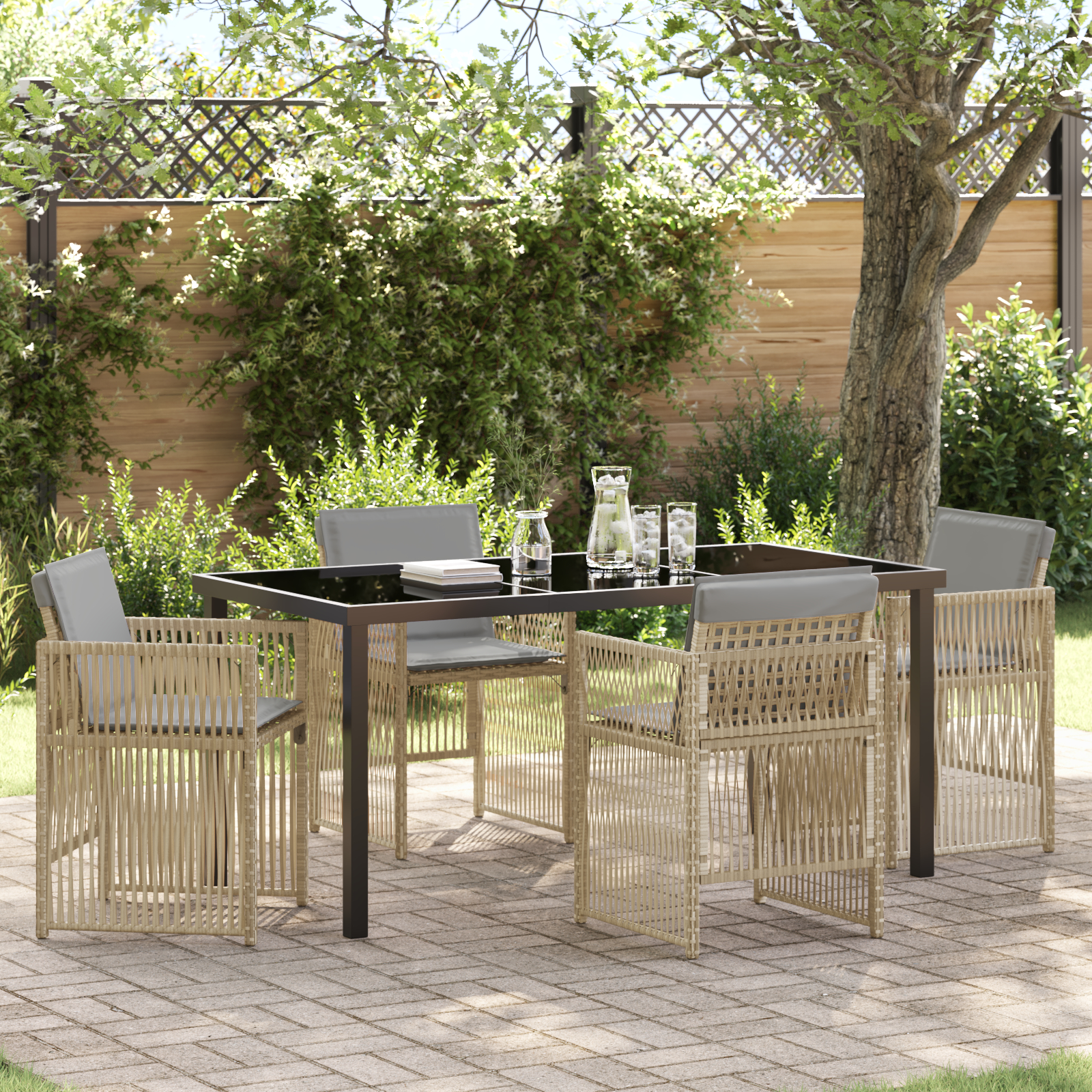 Set dining grădină 5 piese cu perne Ratan Bej, Masă grădină  Neagră 160x80x73 cm Sticla securizată GartenMobel Dekor