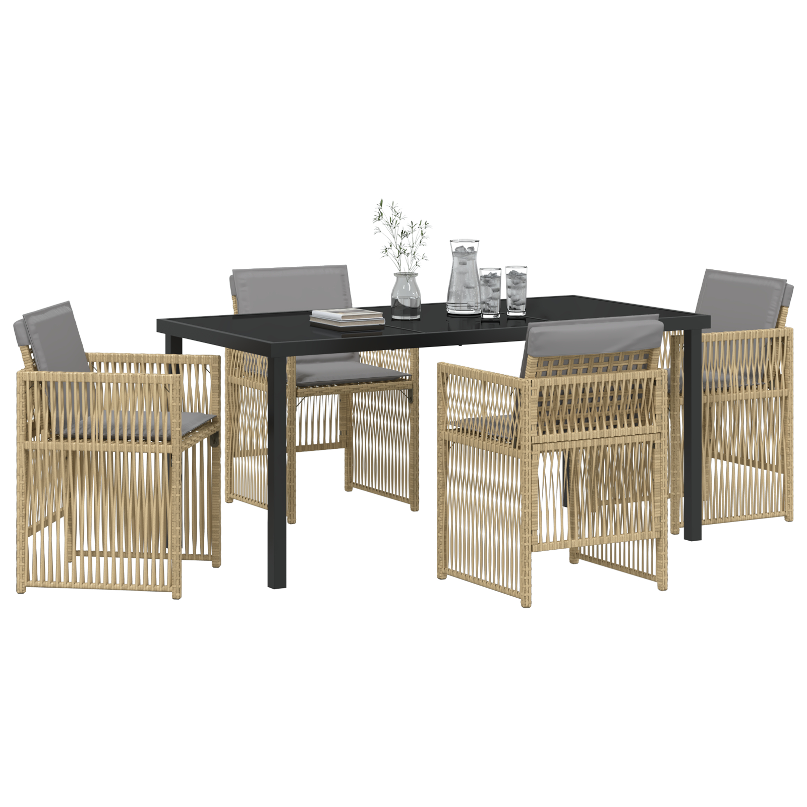 Set dining grădină 5 piese cu perne Ratan Bej, Masă grădină  Neagră 160x80x73 cm Sticla securizată GartenMobel Dekor