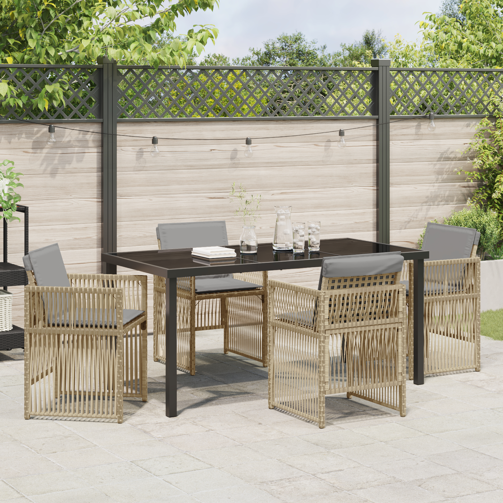 Set dining grădină 5 piese cu perne Ratan Bej, Masă grădină  Neagră 160x80x73 cm Sticla securizată GartenMobel Dekor