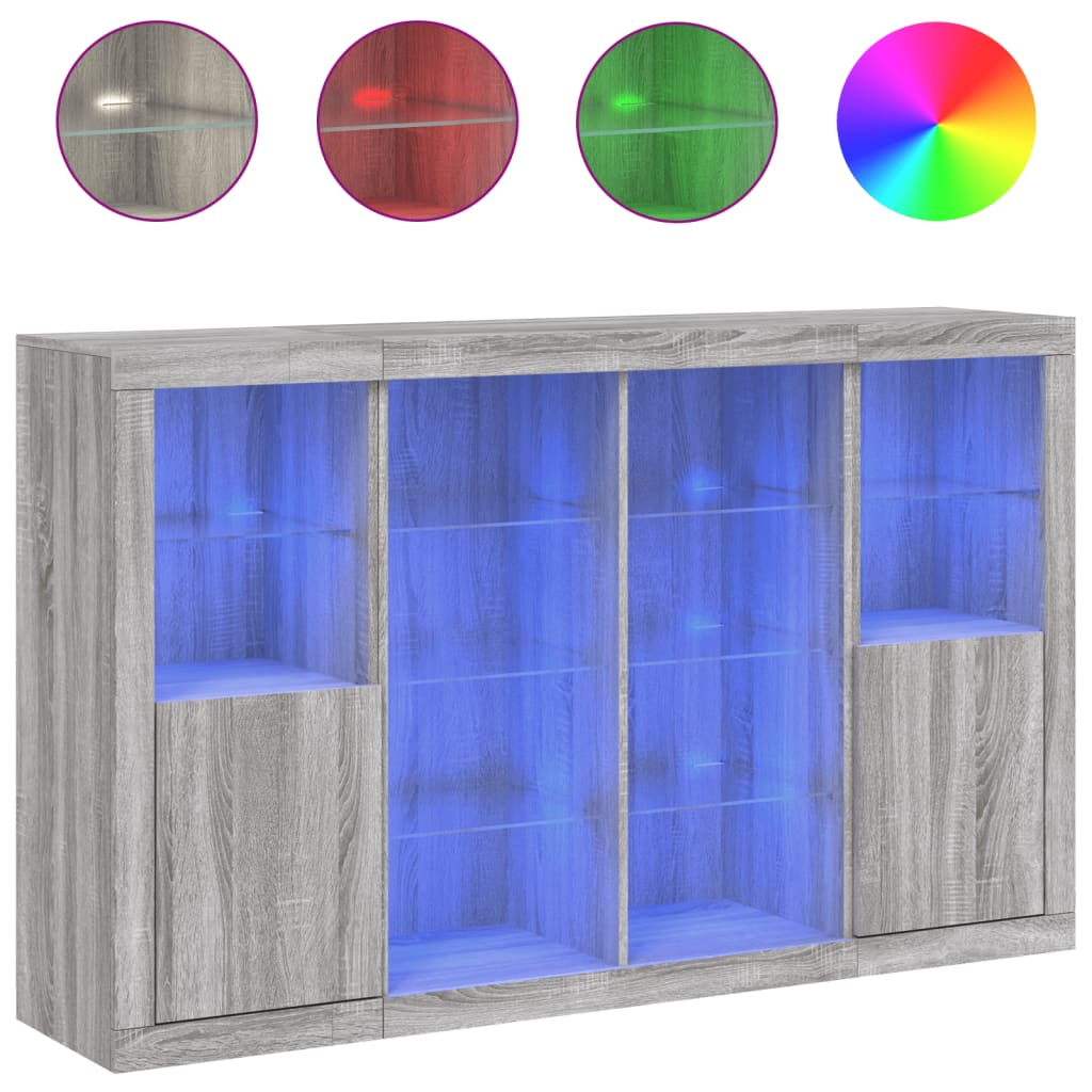 Servantă cu lumini LED, 3 buc., gri sonoma, lemn prelucrat GartenMobel Dekor