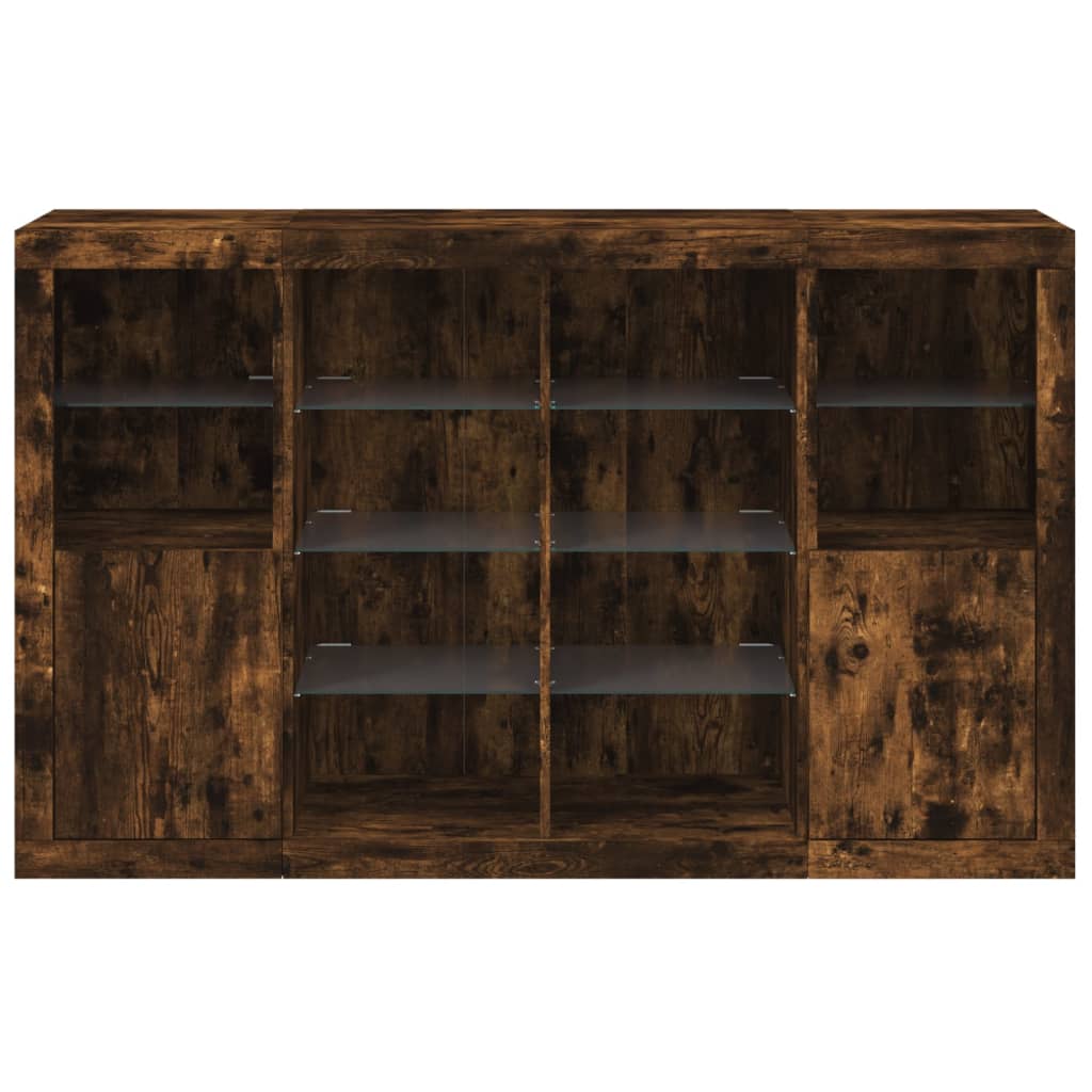 Servantă cu lumini LED, 3 buc., stejar fumuriu, lemn prelucrat GartenMobel Dekor