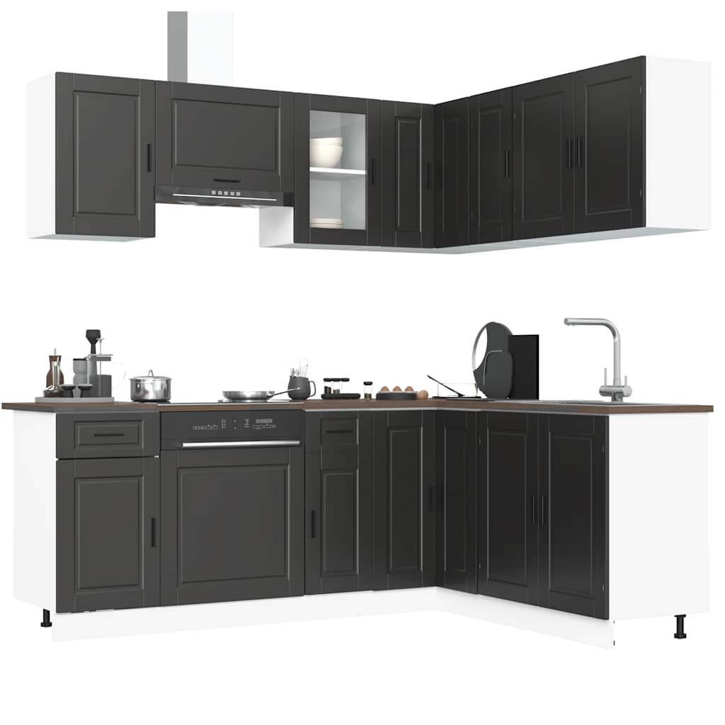 Set dulap de bucătărie 11 piese „Porto” lemn negru prelucrat GartenMobel Dekor