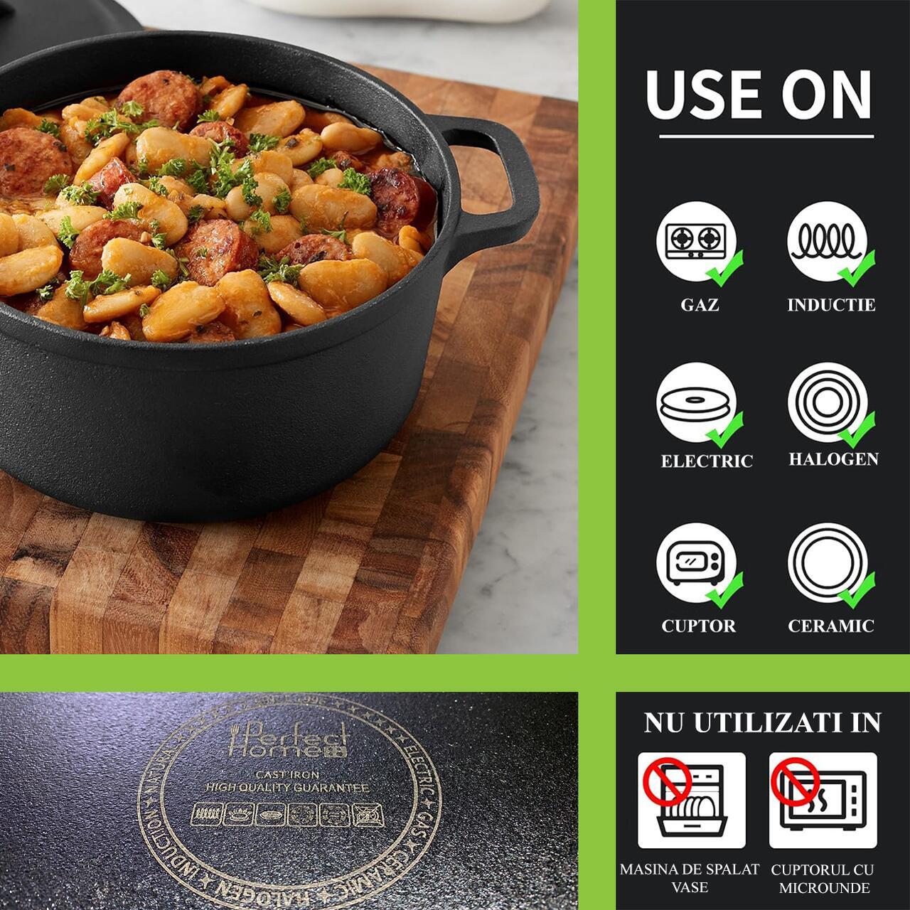 Oala de fonta cu capac, lingura de lemn, 7 L, Perfect Home GartenVIP DiyLine