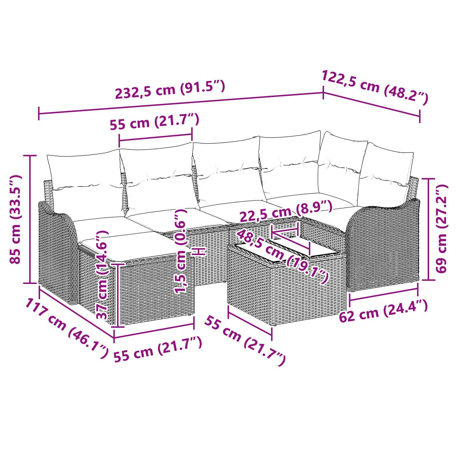 Set canapea de grădină 6 piese cu perne din ratan poli negru, Canapea de grădină cu perne din ratan poli gri pentru 2 persoane GartenMobel Dekor