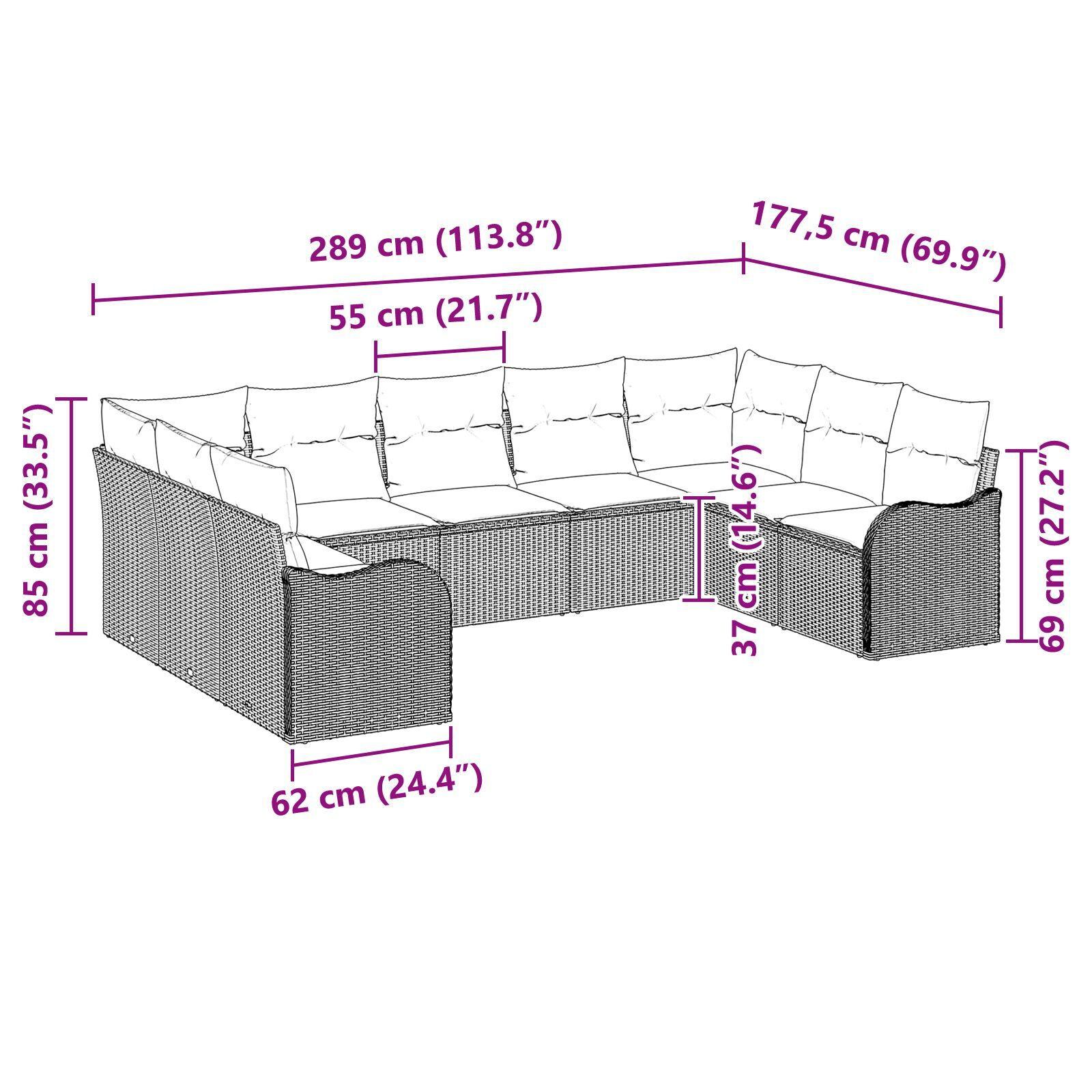 Set de canapea de grădină modulară de 9 piese cu perne Gri, Ratan Poli, Canapea de grădină cu 2 locuri cu perne Gri, Ratan Poli GartenMobel Dekor
