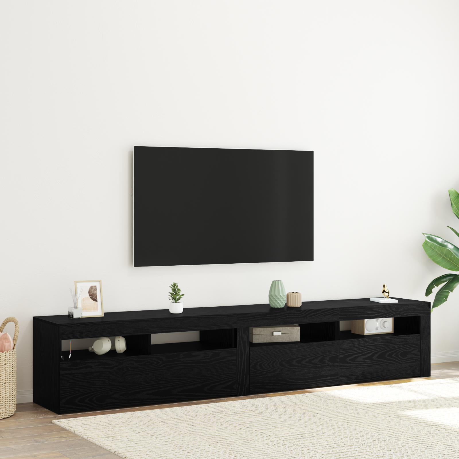 Cabinete TV 2 buc cu lumini LED din lemn ingineresc de stejar negru,  Suport TV cu lumini LED - Stejar Negru, 90x35x40 cm, fabricat din lemn ingineresc GartenMobel Dekor