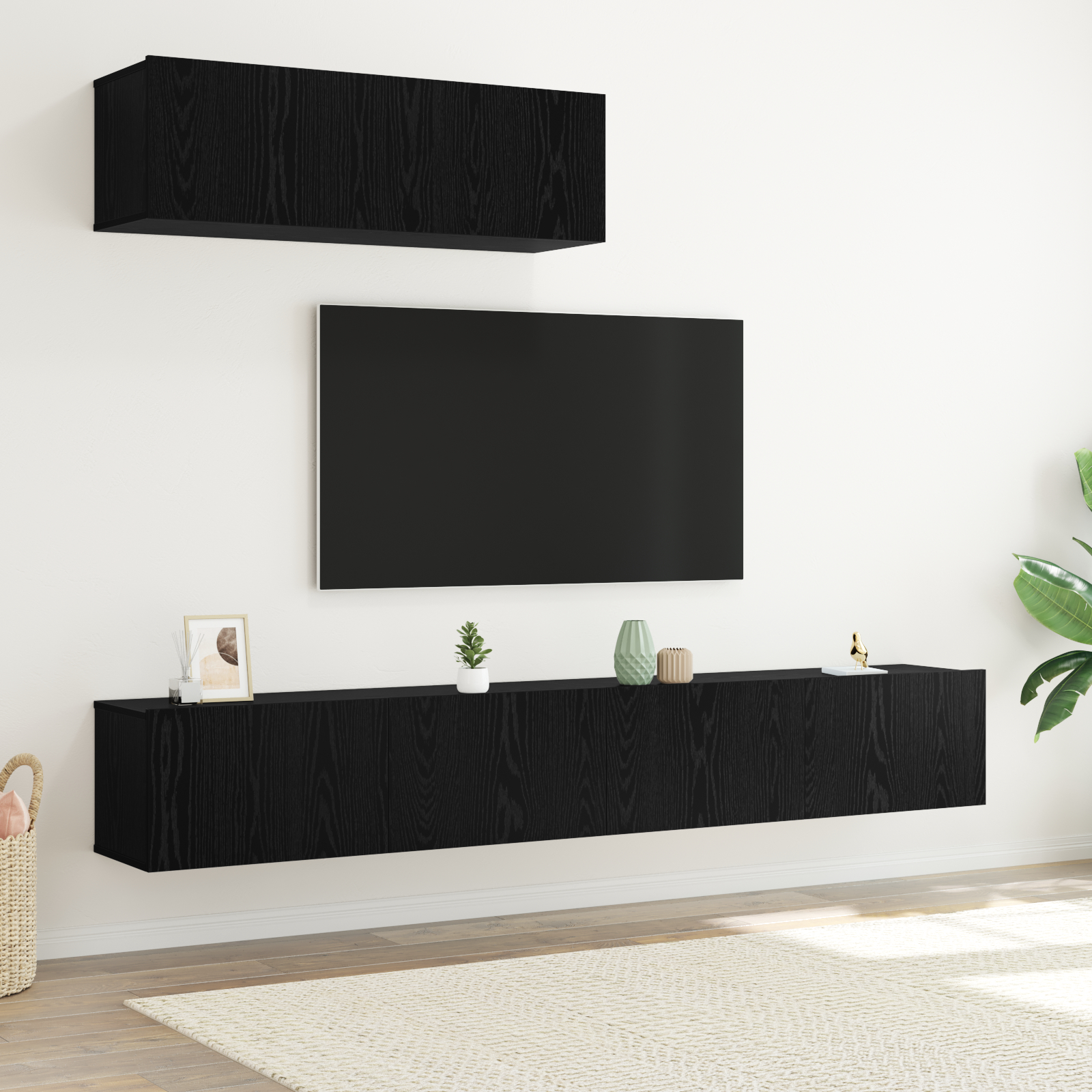 Set dulap TV cu 3 piese montat pe perete din stejar negru, lemn prelucrat GartenMobel Dekor
