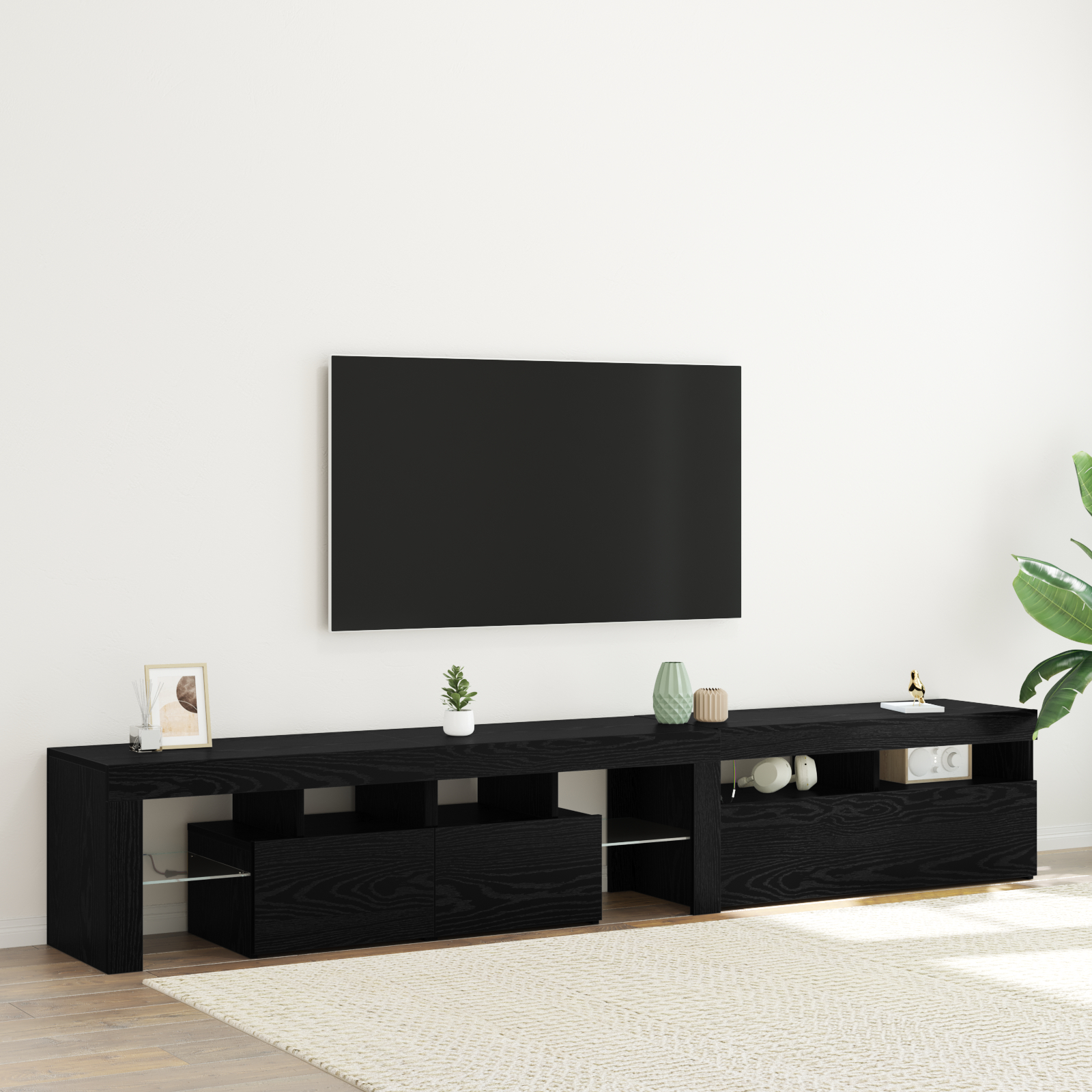 Cabinete TV  2 pcs cu LED-uri Stejar Negru Lemn Ingineresc, Suport TV  cu LED-uri - Stejar Negru, 90x35x40 cm, făcut din lemn ingineresc GartenMobel Dekor
