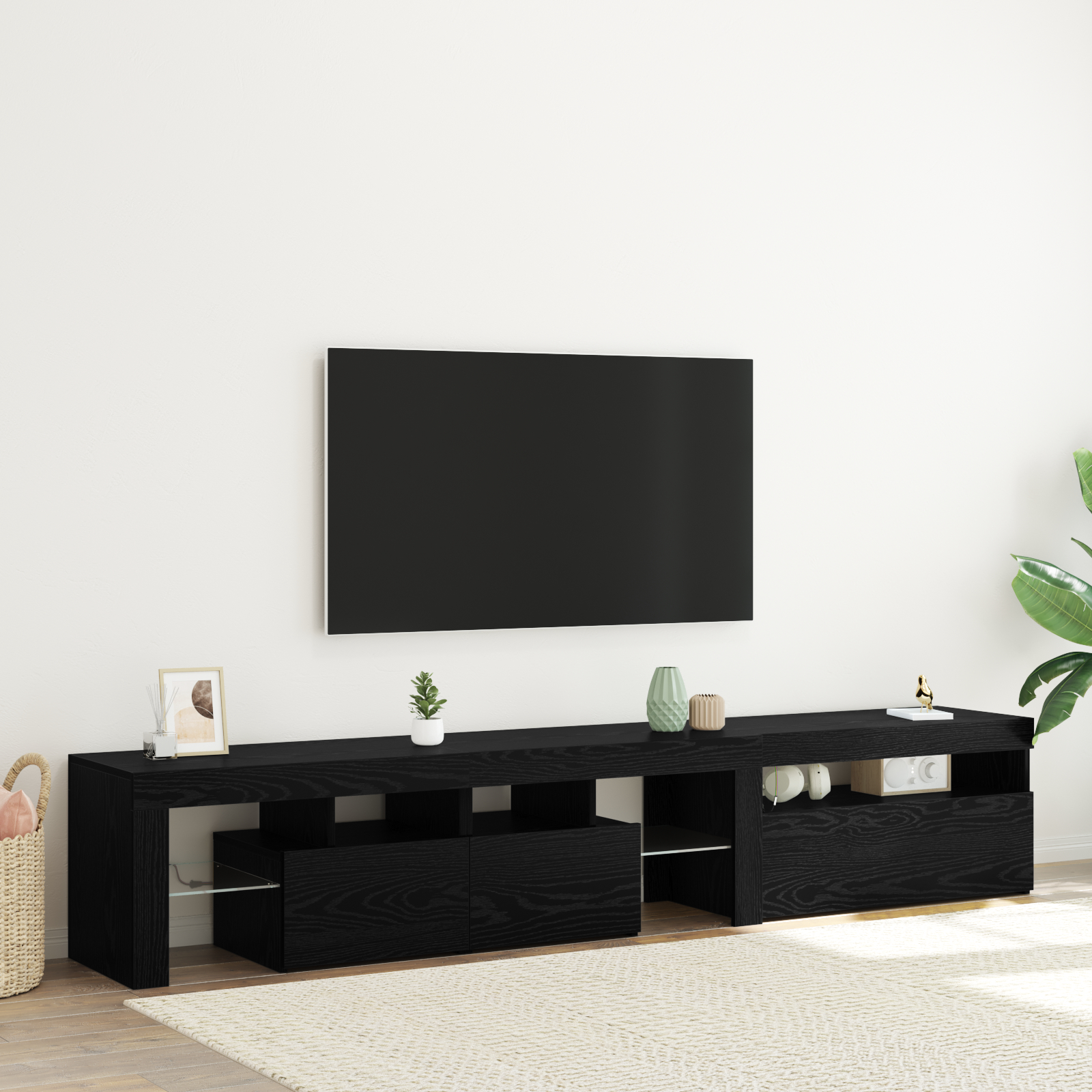 Cabinete pentru TV  2 buc cu Lumini LED Stejar Negru Lemn Prelucrat, Stand pentru TV  cu Lumini LED - Stejar Negru - 75x35x40 cm - Fabricat din Lemn Prelucrat GartenMobel Dekor