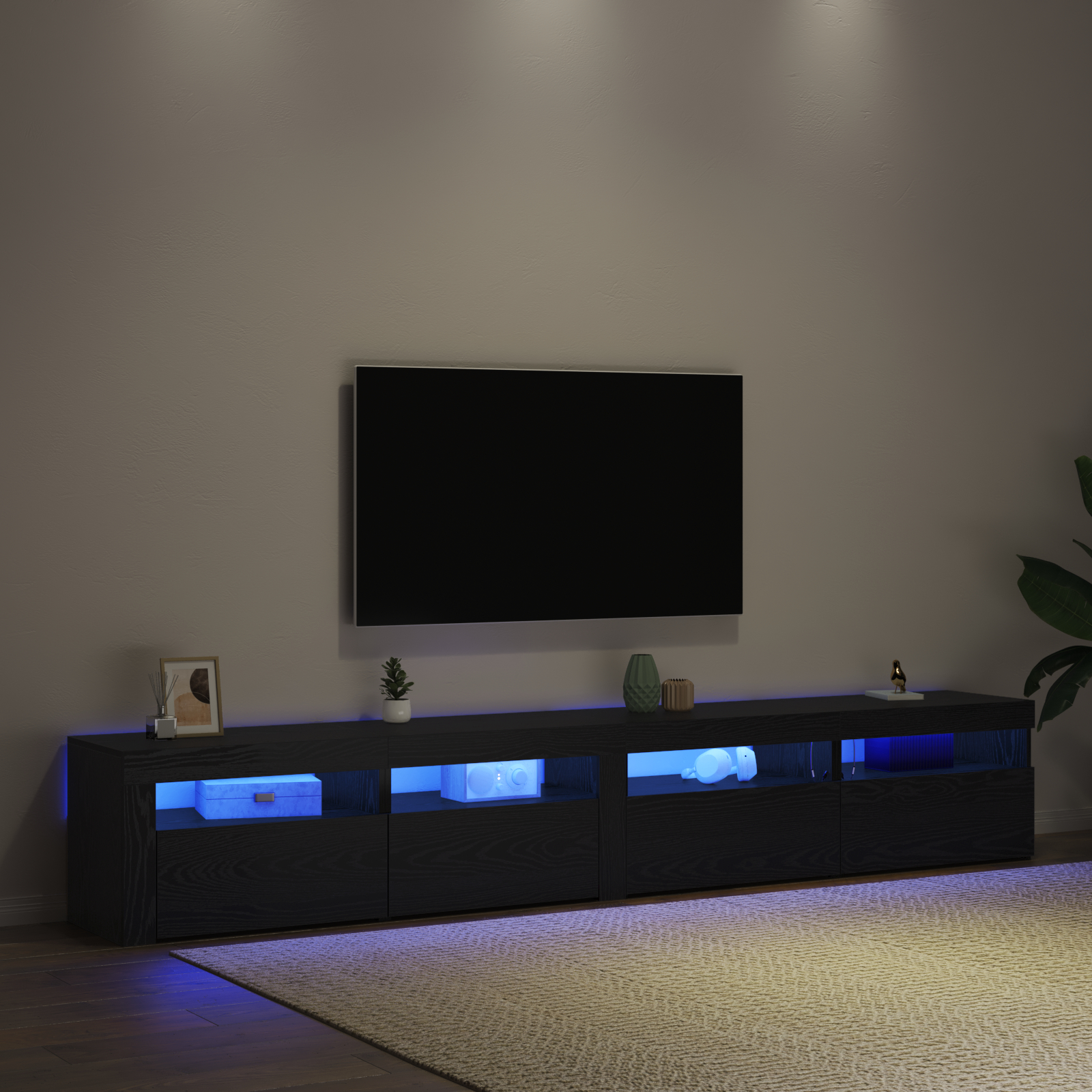Set Cabinet TV  3 Piese cu Luminile LED Stejar Negru Lemn Stratificat, Cabinete TV  2 piese cu Luminile LED Stejar Negru 60x35x40 cm Lemn Stratificat GartenMobel Dekor