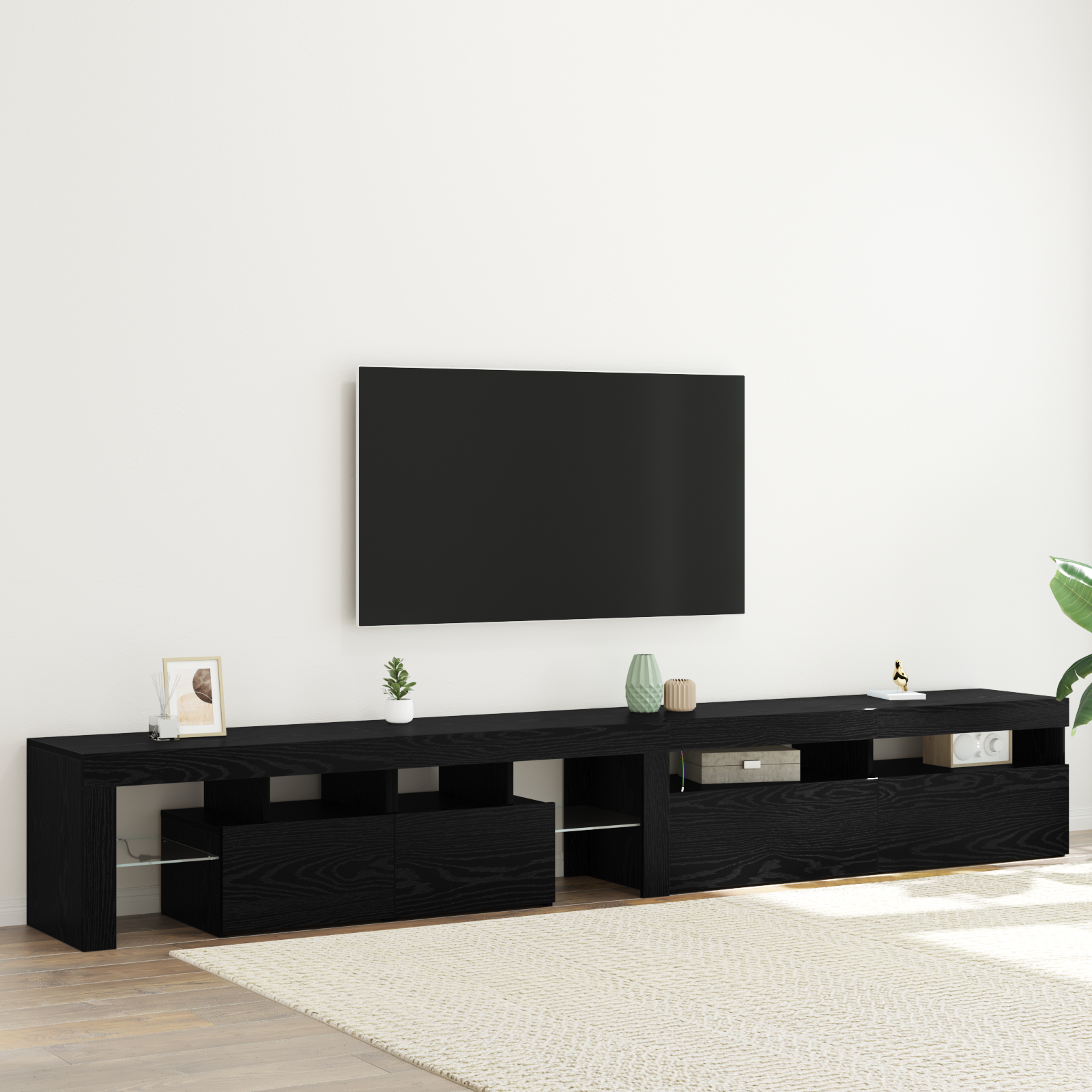 Set de 2 cabine TV cu lumini LED din lemn prelucrat de stejar negru, Cabinet TV  cu LED stejar negru 120x35x40 cm din lemn prelucrat GartenMobel Dekor