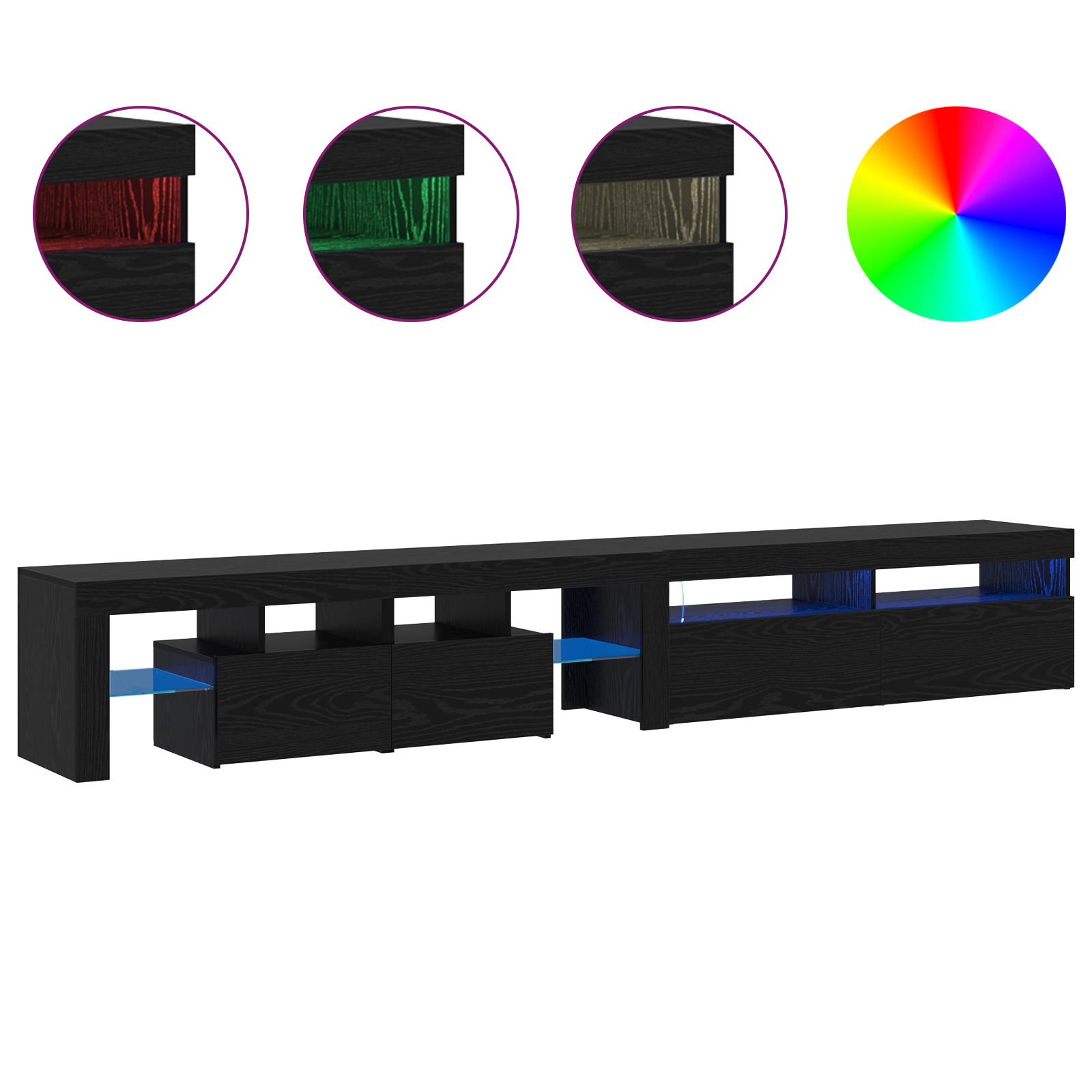 Set de 2 cabine TV cu lumini LED din lemn prelucrat de stejar negru, Cabinet TV  cu LED stejar negru 120x35x40 cm din lemn prelucrat GartenMobel Dekor
