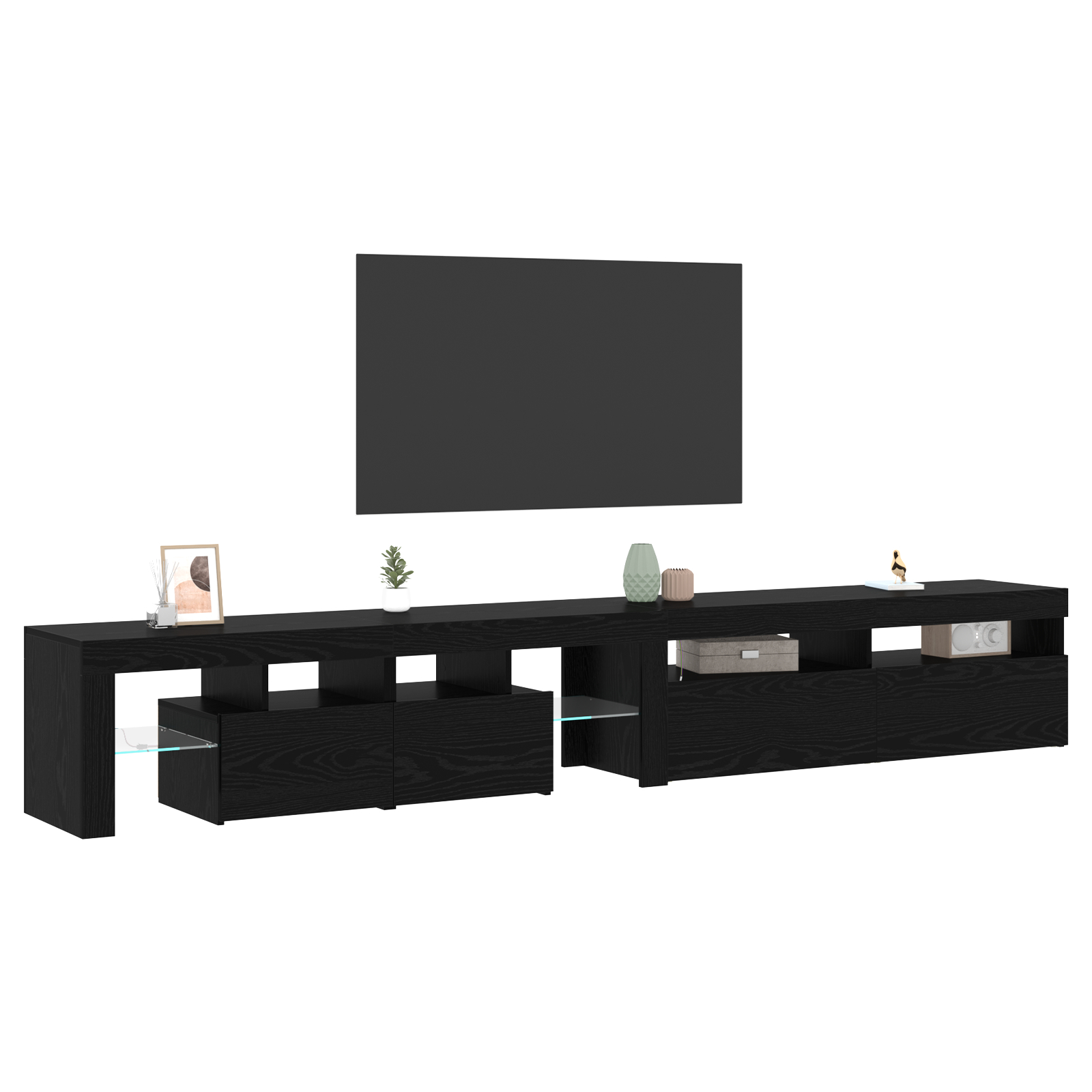 Set de 2 cabine TV cu lumini LED din lemn prelucrat de stejar negru, Cabinet TV  cu LED stejar negru 120x35x40 cm din lemn prelucrat GartenMobel Dekor