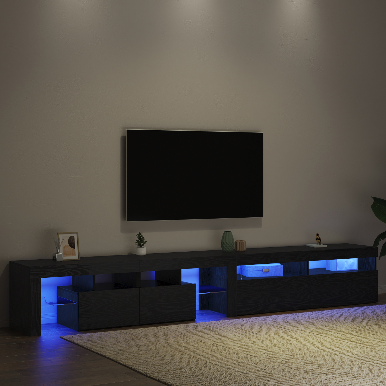 Set de 2 cabine TV cu lumini LED din lemn prelucrat de stejar negru, Cabinet TV  cu LED stejar negru 120x35x40 cm din lemn prelucrat GartenMobel Dekor