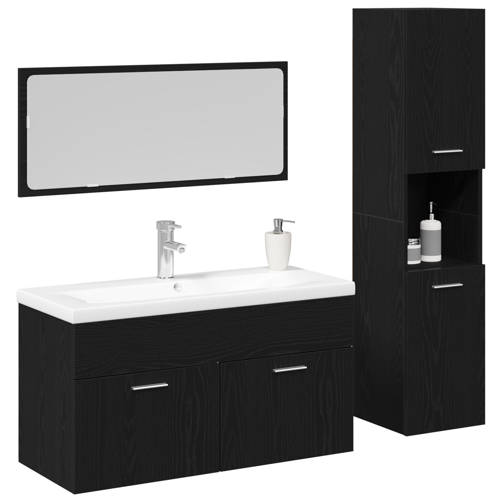 Set Mobilier Baie  din 2 piese Stejar Negru Lemn Prelucrat, Dulap Baie  Stejar Negru, 30x30x130 cm, Fabricat din Lemn Prelucrat GartenMobel Dekor