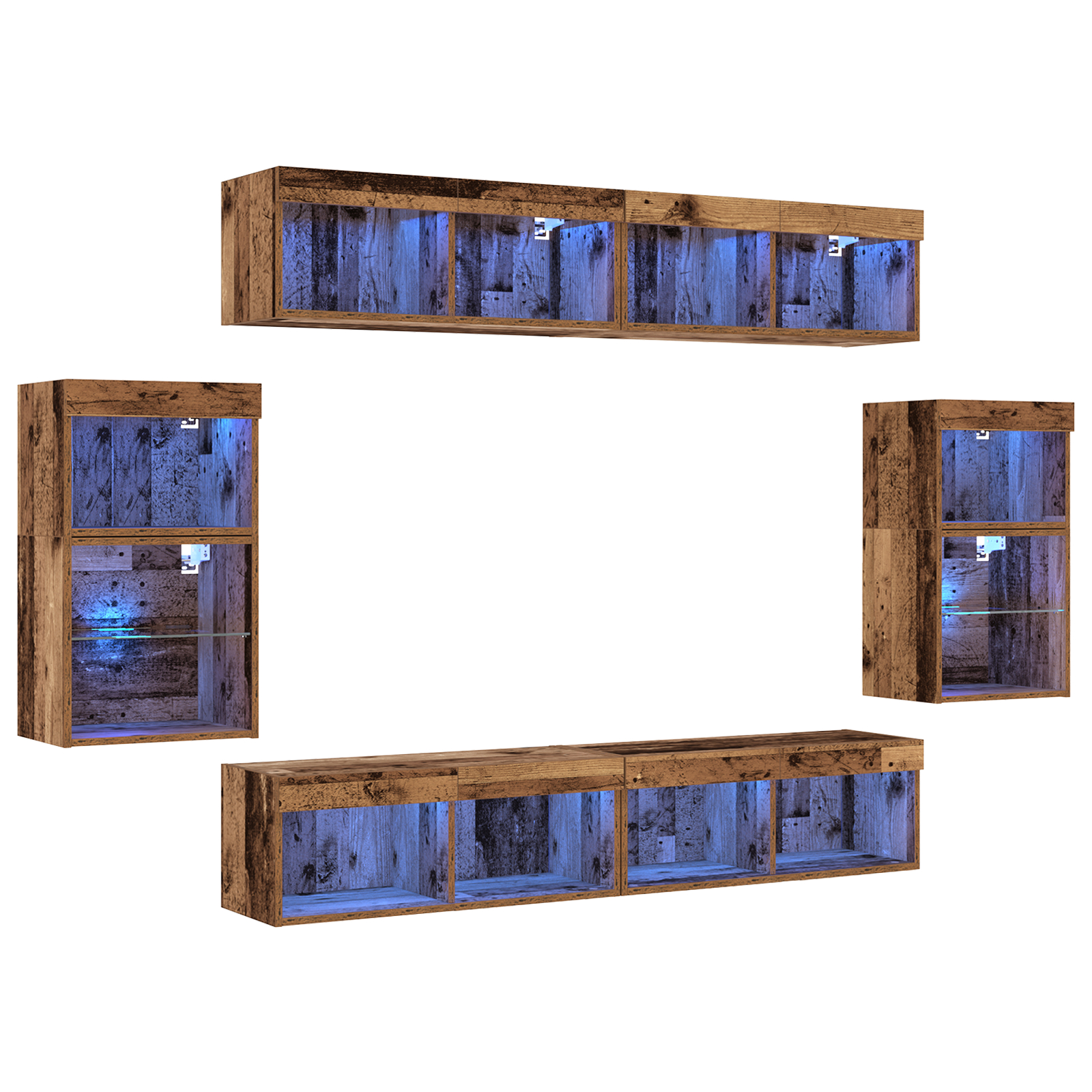 Raft flotant 2 buc Lemn vechi 40x28.5x40 cm Lemn prelucrat,  Dulapuri cu lumini LED 2 buc Lemn vechi 40x30x30 cm,  Dulapuri TV cu lumini LED 2 buc Lemn vechi 80x30x30 cm GartenMobel Dekor