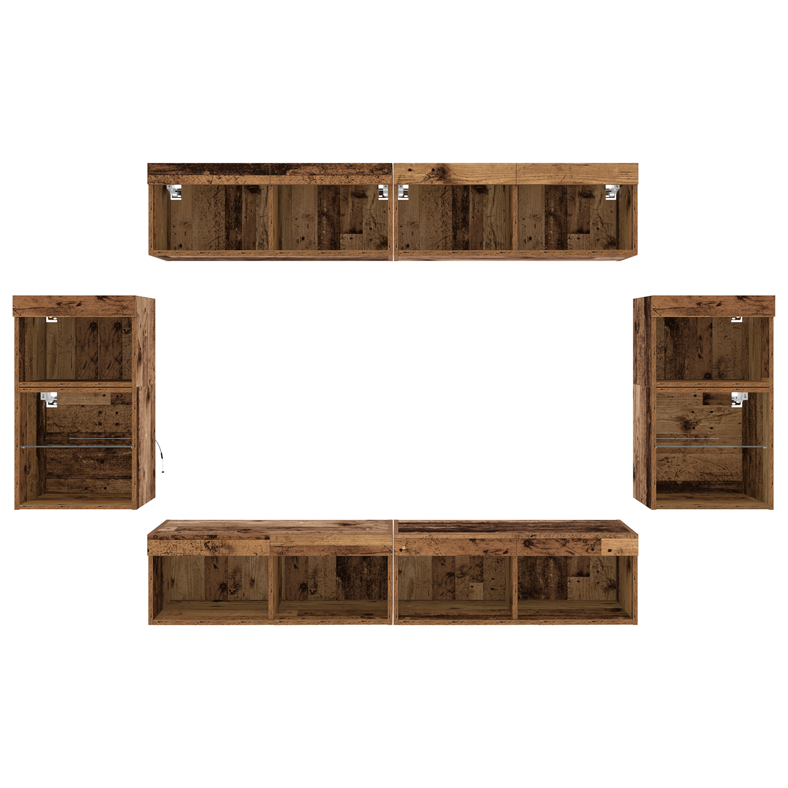 Raft flotant 2 buc Lemn vechi 40x28.5x40 cm Lemn prelucrat,  Dulapuri cu lumini LED 2 buc Lemn vechi 40x30x30 cm,  Dulapuri TV cu lumini LED 2 buc Lemn vechi 80x30x30 cm GartenMobel Dekor