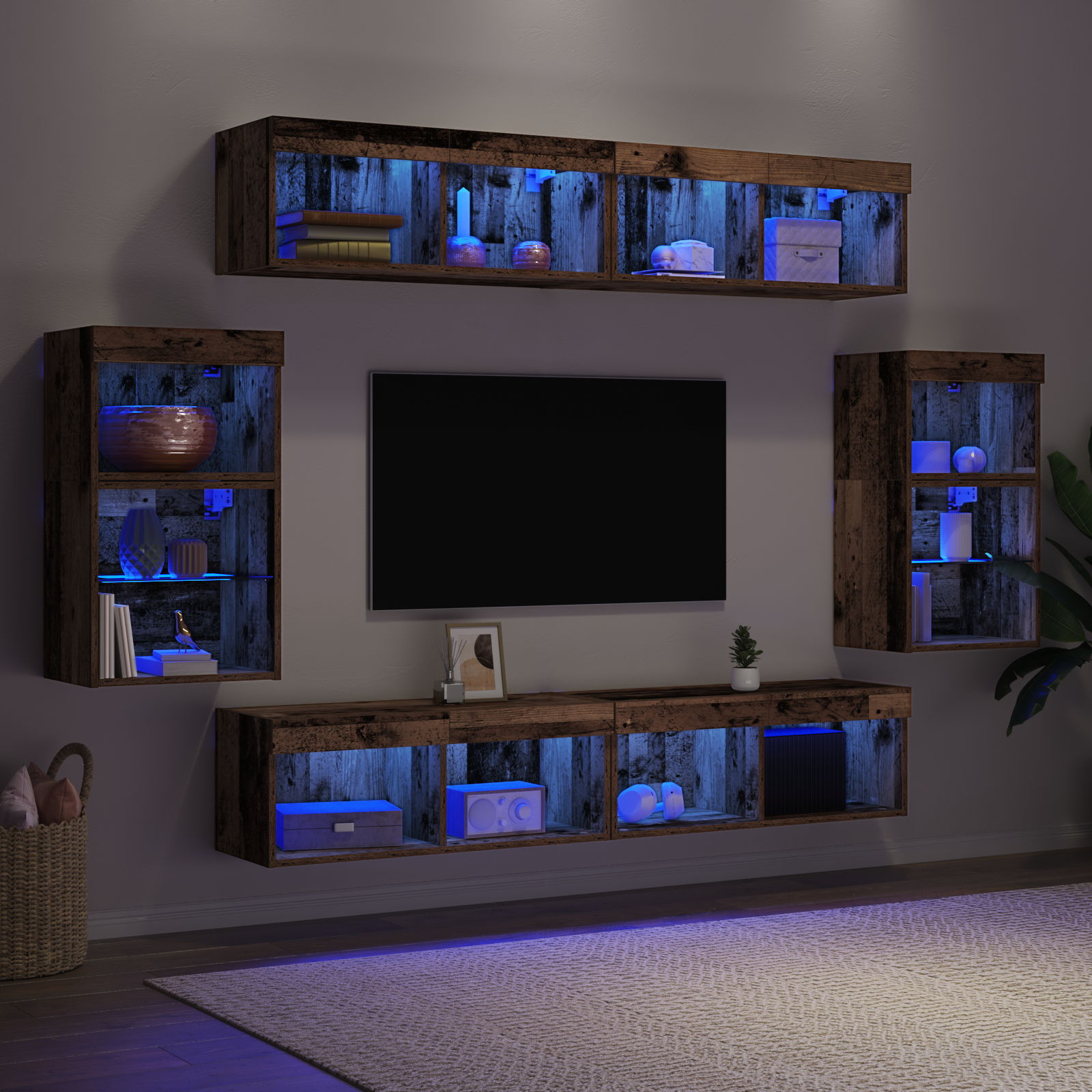 Raft flotant 2 buc Lemn vechi 40x28.5x40 cm Lemn prelucrat,  Dulapuri cu lumini LED 2 buc Lemn vechi 40x30x30 cm,  Dulapuri TV cu lumini LED 2 buc Lemn vechi 80x30x30 cm GartenMobel Dekor