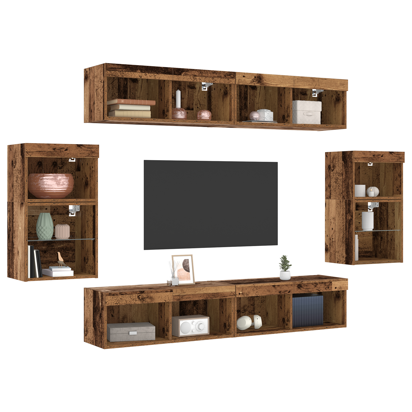 Raft flotant 2 buc Lemn vechi 40x28.5x40 cm Lemn prelucrat,  Dulapuri cu lumini LED 2 buc Lemn vechi 40x30x30 cm,  Dulapuri TV cu lumini LED 2 buc Lemn vechi 80x30x30 cm GartenMobel Dekor