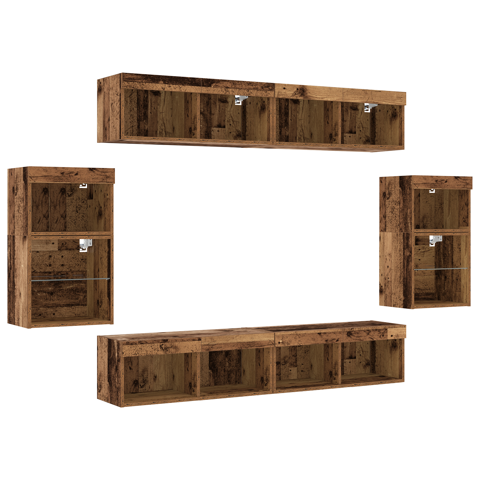 Raft flotant 2 buc Lemn vechi 40x28.5x40 cm Lemn prelucrat,  Dulapuri cu lumini LED 2 buc Lemn vechi 40x30x30 cm,  Dulapuri TV cu lumini LED 2 buc Lemn vechi 80x30x30 cm GartenMobel Dekor