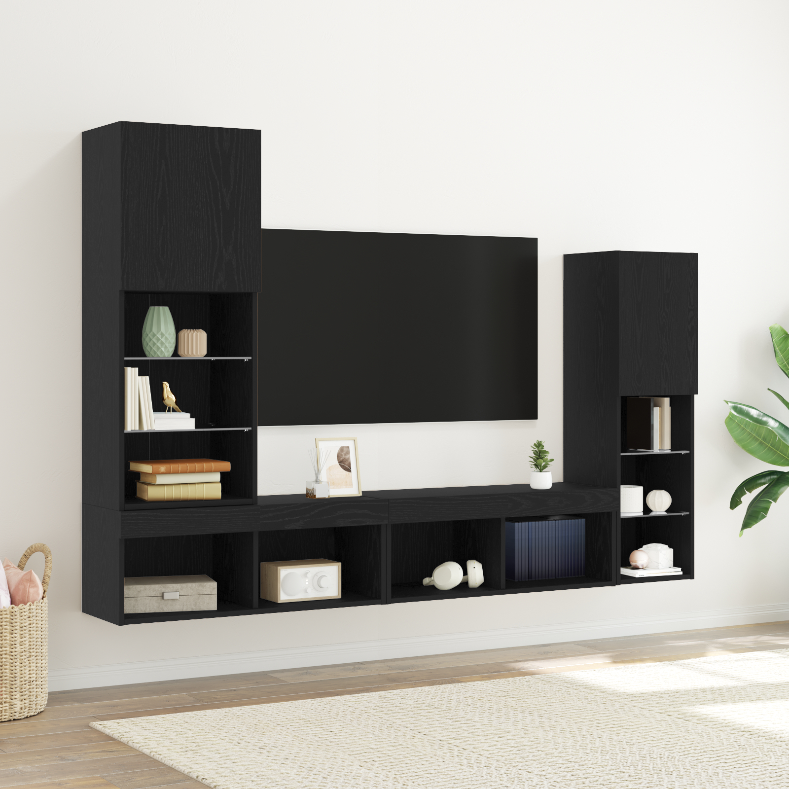 Dulap TV  Stejar Negru 30.5x30x102 cm Lemn Ingineresc, Dulap TV  cu Lumini LED Stejar Negru 40.5x30x102 cm, Dulapuri TV  cu Lumini LED 2 buc Stejar Negru 80x30x30 cm GartenMobel Dekor