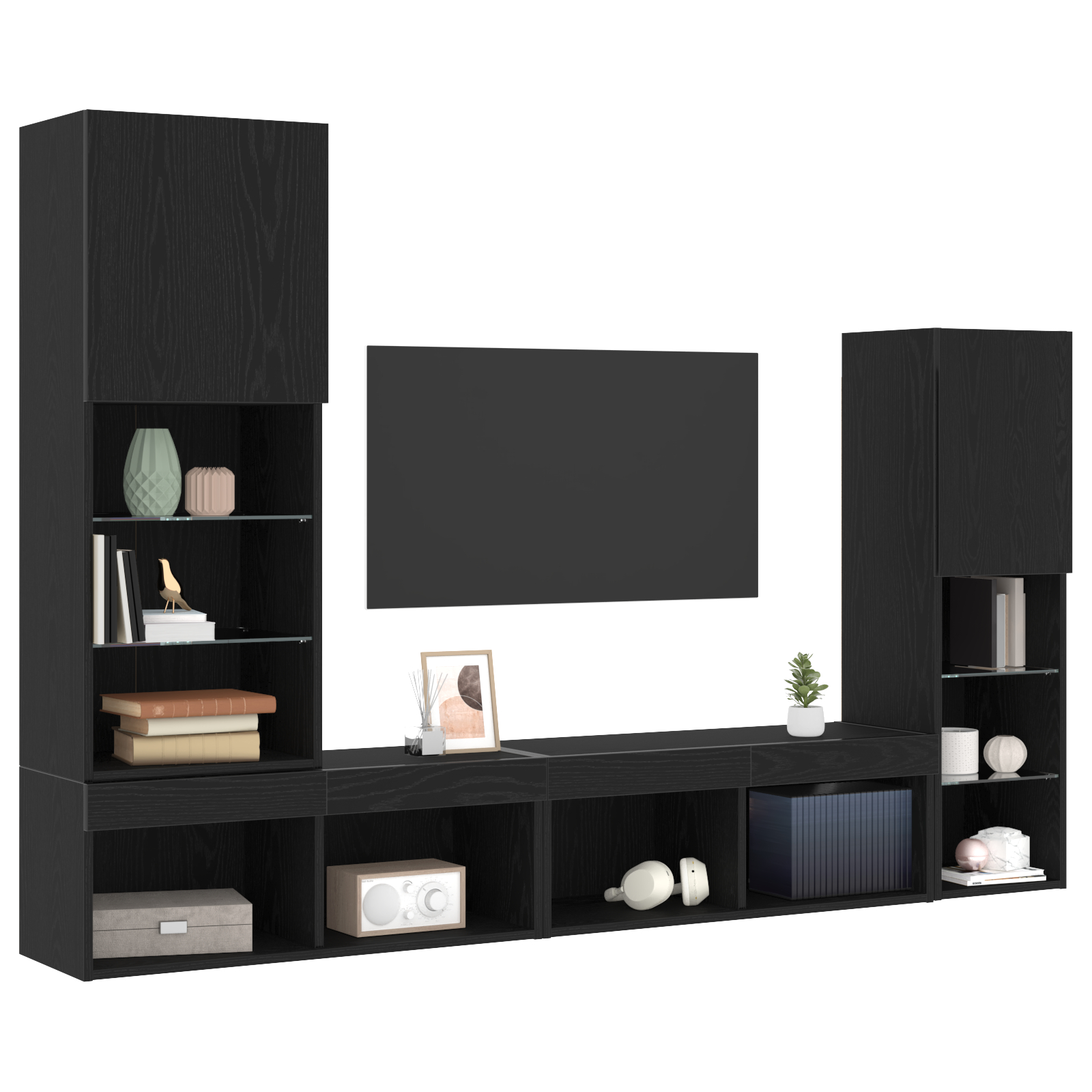 Dulap TV  Stejar Negru 30.5x30x102 cm Lemn Ingineresc, Dulap TV  cu Lumini LED Stejar Negru 40.5x30x102 cm, Dulapuri TV  cu Lumini LED 2 buc Stejar Negru 80x30x30 cm GartenMobel Dekor