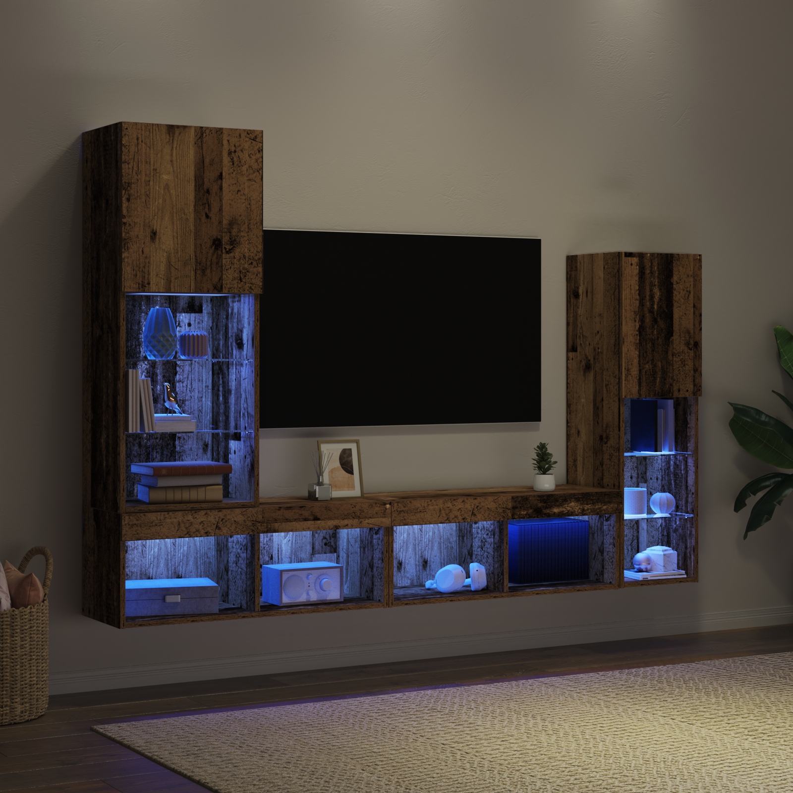 Dulap TV  cu lumini LED Lemn erodat 40.5x30x102 cm, Dulapuri TV  cu lumini LED 2 buc Lemn erodat 80x30x30 cm GartenMobel Dekor