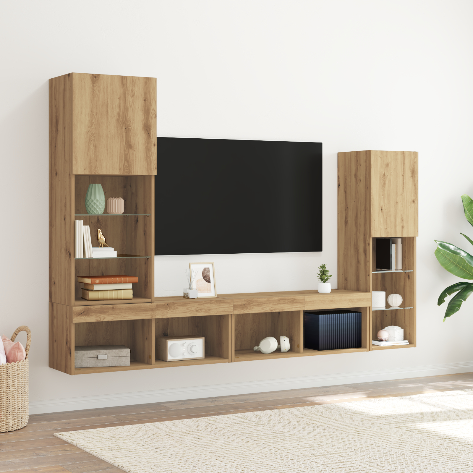 Dulap TV  cu lumini LED Stejar artizanal 40.5x30x102 cm, Dulapuri TV  cu lumini LED 2 bucăți Stejar artizanal 80x30x30 cm GartenMobel Dekor