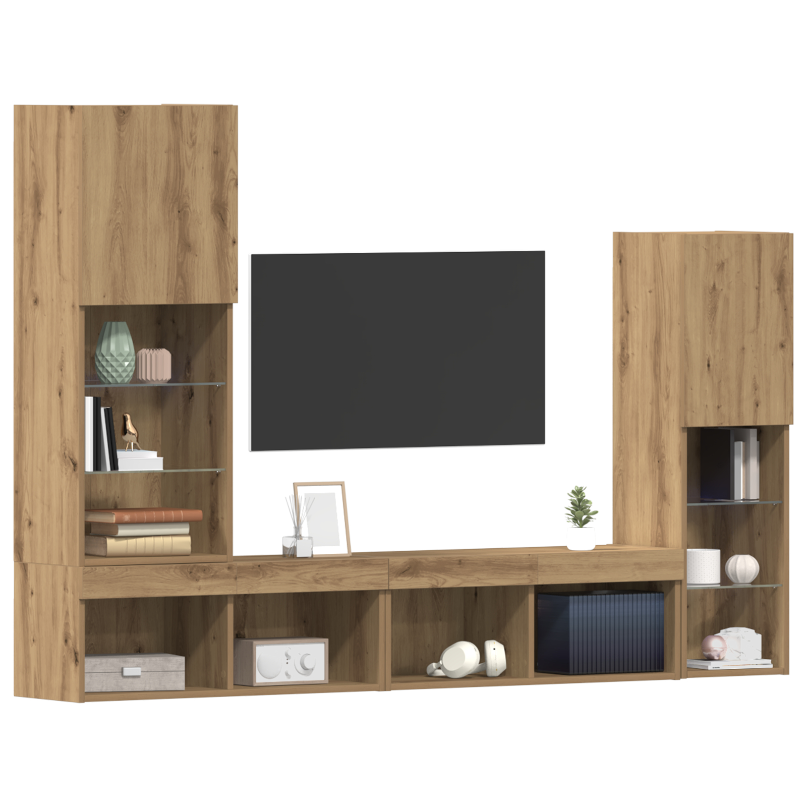 Dulap TV  cu lumini LED Stejar artizanal 40.5x30x102 cm, Dulapuri TV  cu lumini LED 2 bucăți Stejar artizanal 80x30x30 cm GartenMobel Dekor