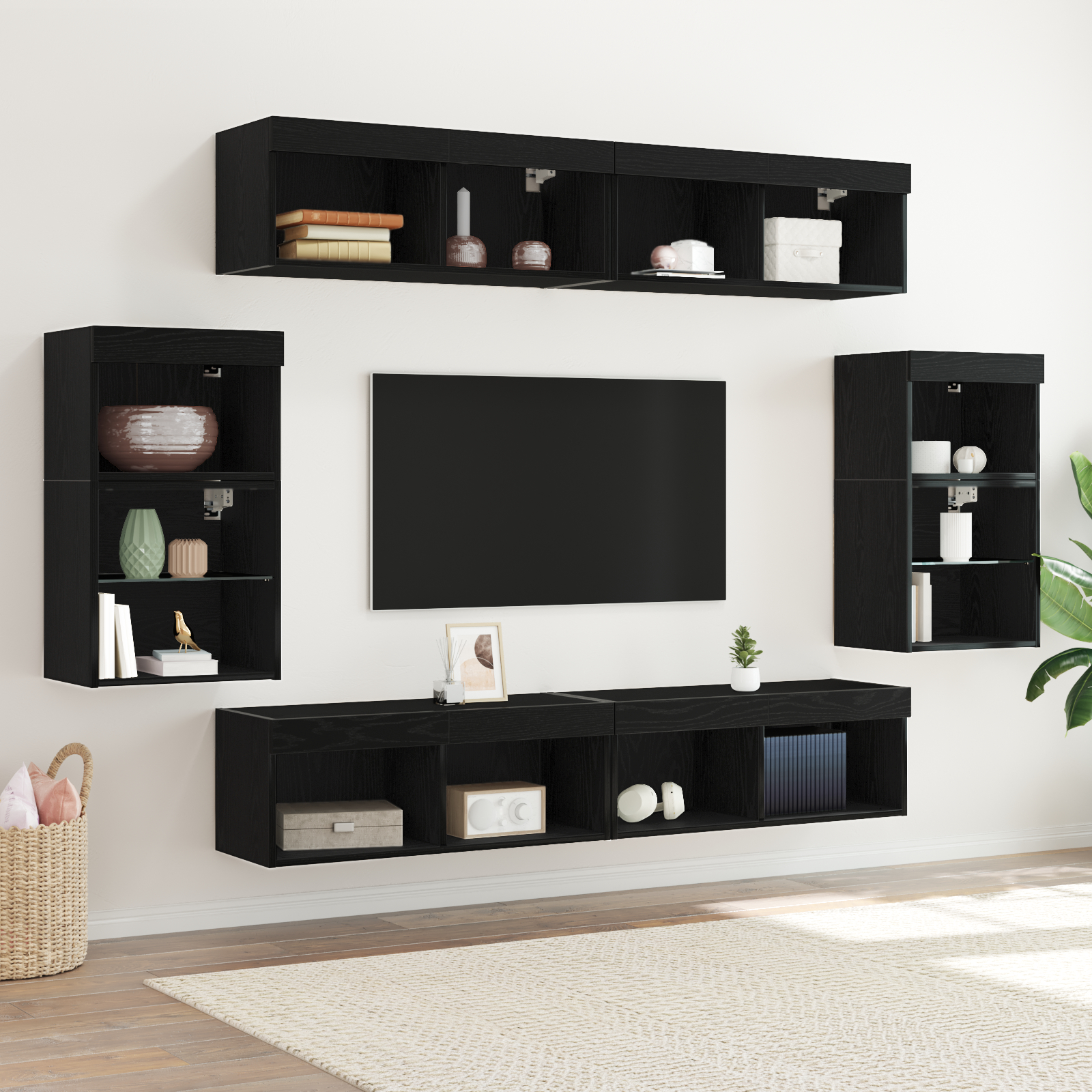 Raft suspendat  2 buc Stejar negru 40x28,5x40 cm din lemn ingineresc, Dulapuri de perete  cu lumini LED 2 buc Stejar negru 40x30x30 cm, Dulapuri de perete pentru TV  cu lumini LED 2 buc Stejar negru 80x30x30 cm GartenMobel Dekor