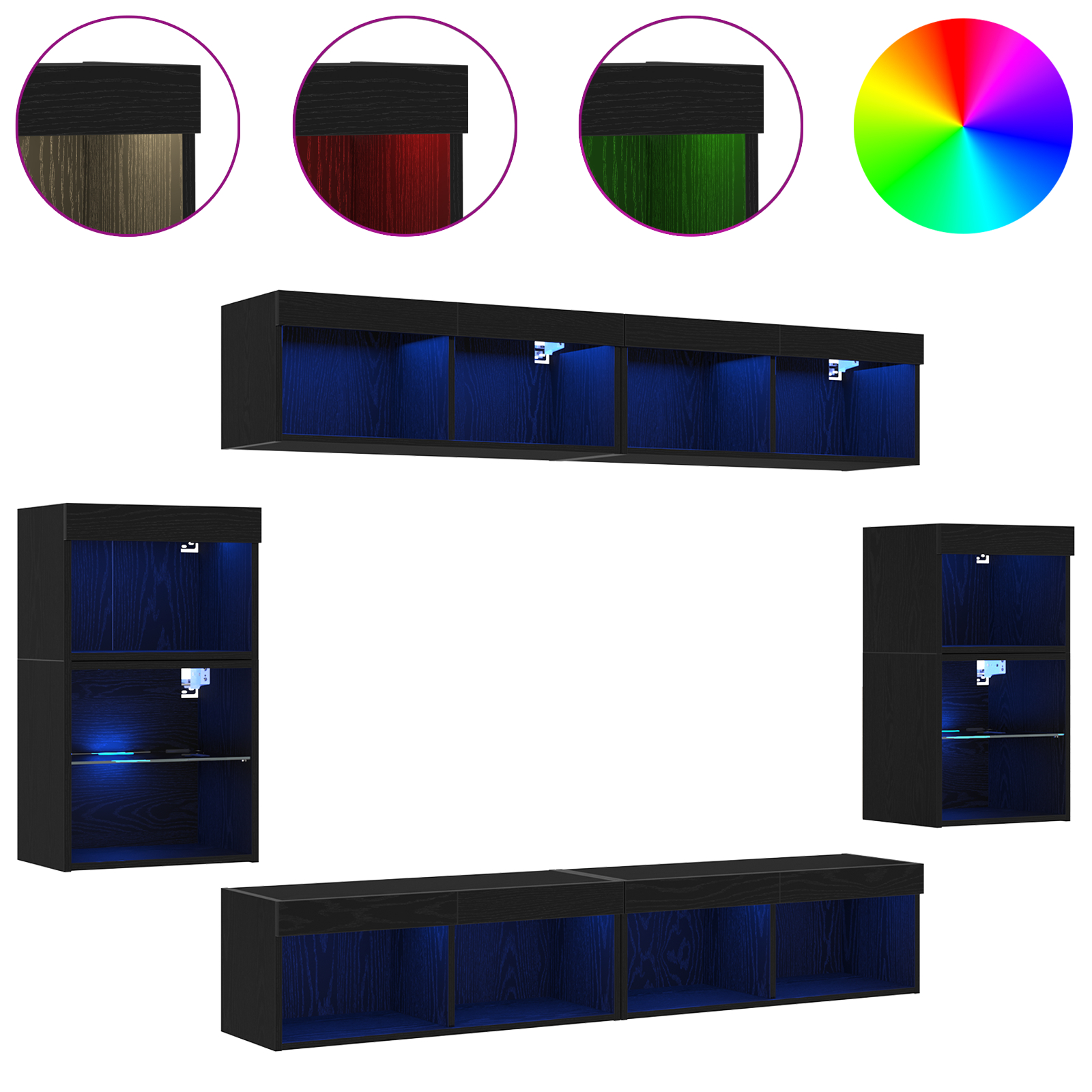 Raft suspendat  2 buc Stejar negru 40x28,5x40 cm din lemn ingineresc, Dulapuri de perete  cu lumini LED 2 buc Stejar negru 40x30x30 cm, Dulapuri de perete pentru TV  cu lumini LED 2 buc Stejar negru 80x30x30 cm GartenMobel Dekor