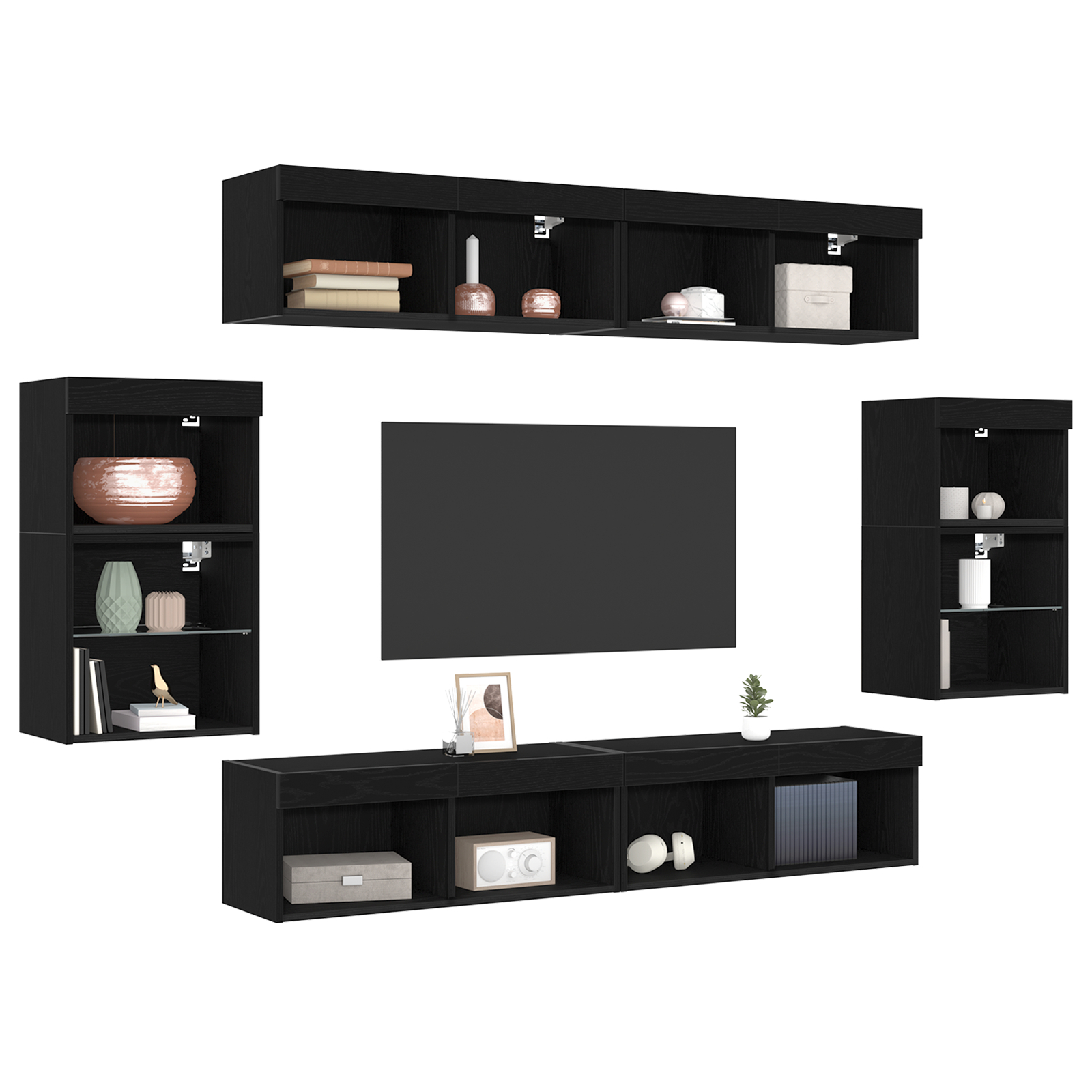 Raft suspendat  2 buc Stejar negru 40x28,5x40 cm din lemn ingineresc, Dulapuri de perete  cu lumini LED 2 buc Stejar negru 40x30x30 cm, Dulapuri de perete pentru TV  cu lumini LED 2 buc Stejar negru 80x30x30 cm GartenMobel Dekor