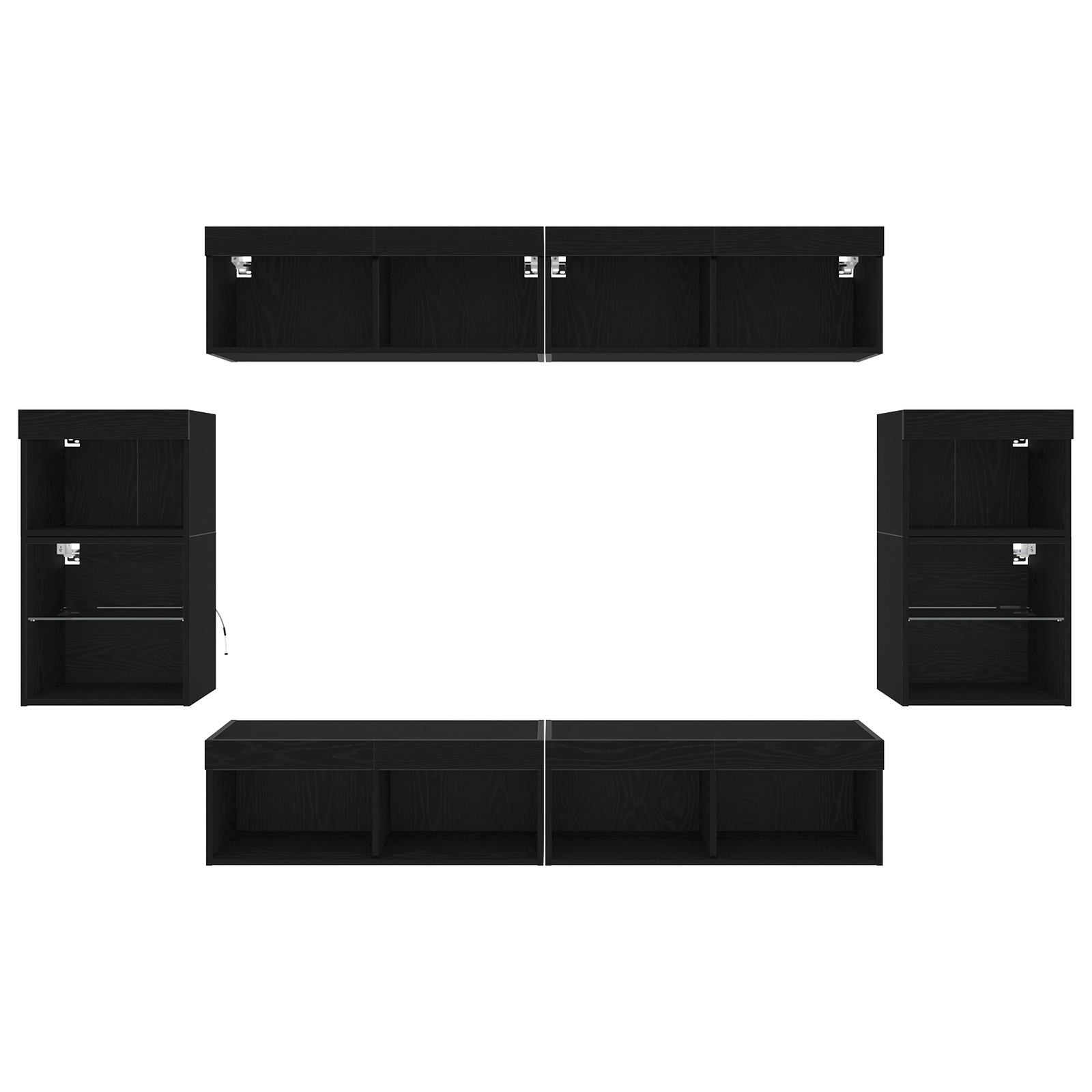 Raft suspendat  2 buc Stejar negru 40x28,5x40 cm din lemn ingineresc, Dulapuri de perete  cu lumini LED 2 buc Stejar negru 40x30x30 cm, Dulapuri de perete pentru TV  cu lumini LED 2 buc Stejar negru 80x30x30 cm GartenMobel Dekor
