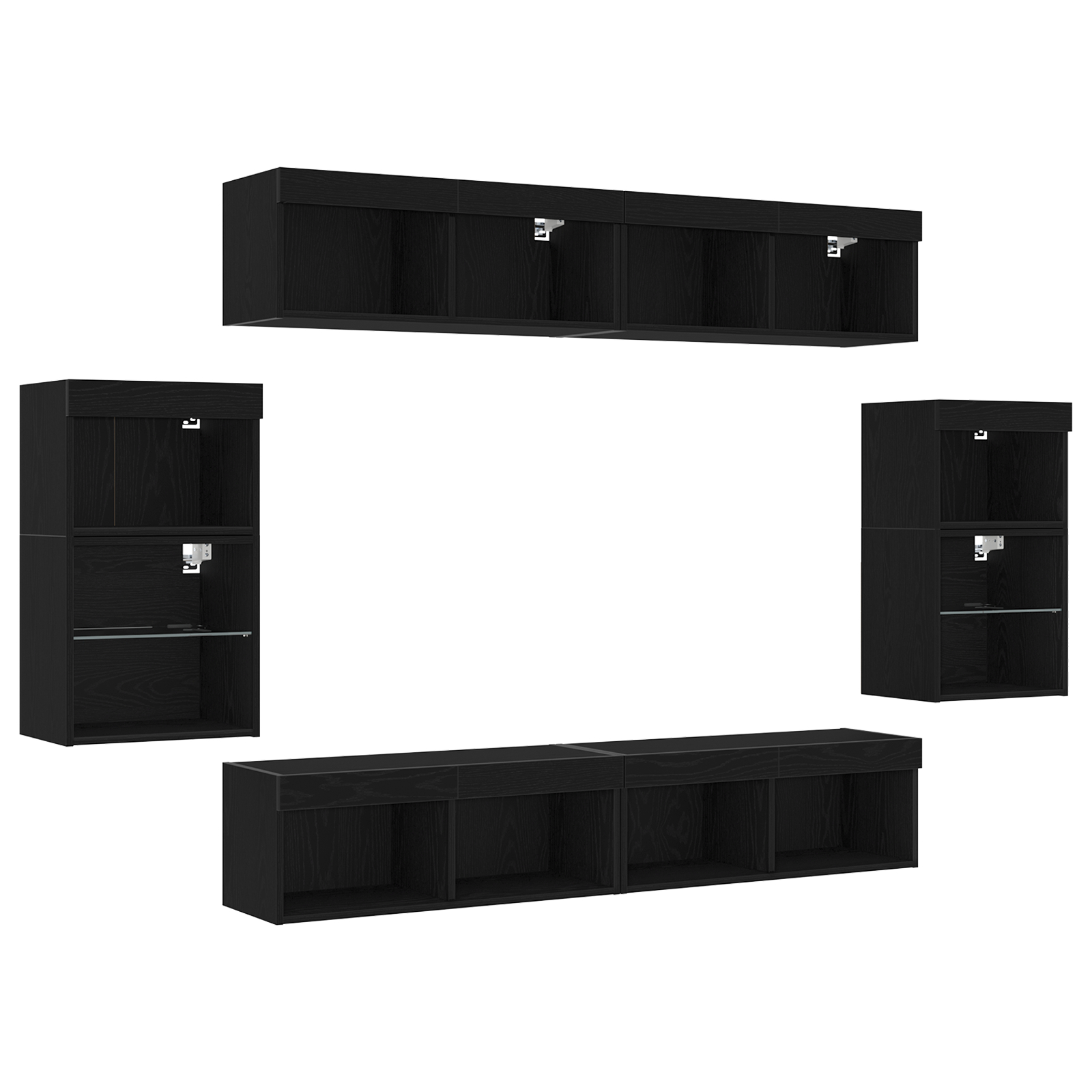 Raft suspendat  2 buc Stejar negru 40x28,5x40 cm din lemn ingineresc, Dulapuri de perete  cu lumini LED 2 buc Stejar negru 40x30x30 cm, Dulapuri de perete pentru TV  cu lumini LED 2 buc Stejar negru 80x30x30 cm GartenMobel Dekor