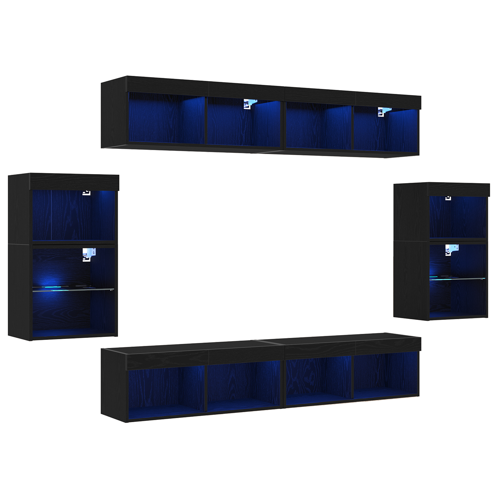 Raft suspendat  2 buc Stejar negru 40x28,5x40 cm din lemn ingineresc, Dulapuri de perete  cu lumini LED 2 buc Stejar negru 40x30x30 cm, Dulapuri de perete pentru TV  cu lumini LED 2 buc Stejar negru 80x30x30 cm GartenMobel Dekor