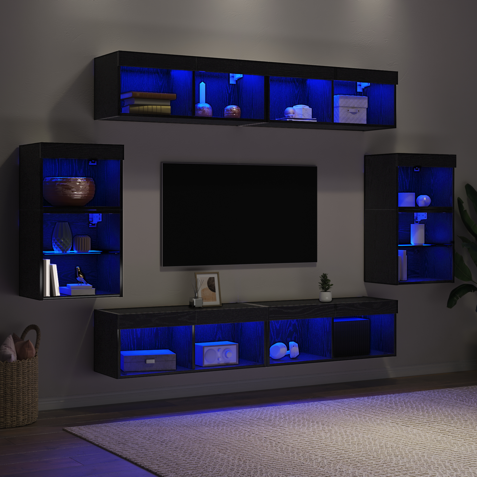 Raft suspendat  2 buc Stejar negru 40x28,5x40 cm din lemn ingineresc, Dulapuri de perete  cu lumini LED 2 buc Stejar negru 40x30x30 cm, Dulapuri de perete pentru TV  cu lumini LED 2 buc Stejar negru 80x30x30 cm GartenMobel Dekor