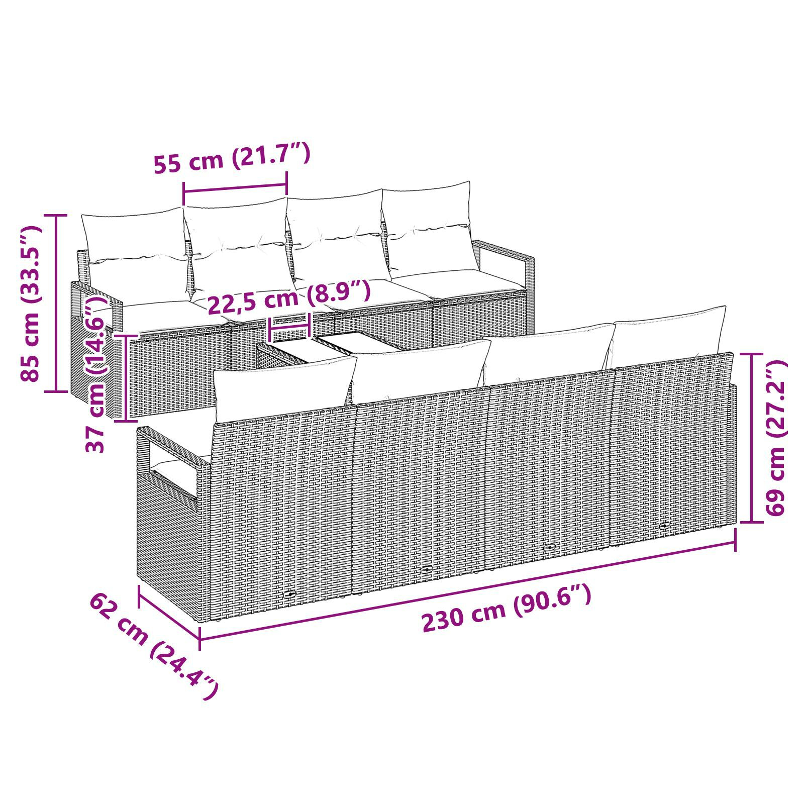 Set de 9 Piese de Canapea de Grădină cu Perne Ratan Polimeric Negru, Canapea de Grădină cu 2 Locuri cu Perne Ratan Polimeric Negru GartenMobel Dekor