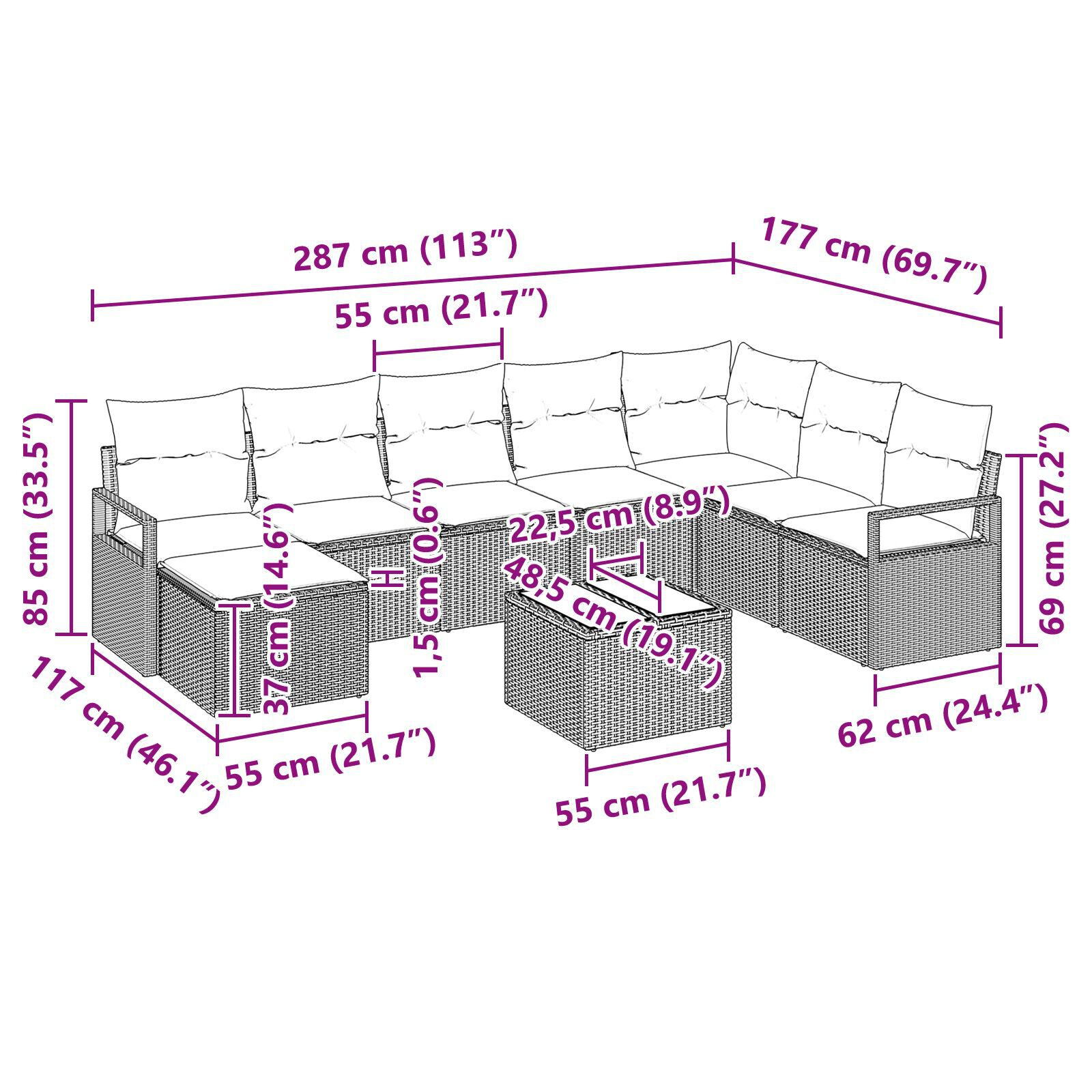 Set de Canapea de Grădină din 8 Piese cu Perne Ratan Poli Negru, Set de Canapea de Grădină cu 2 Locuri și Perne Ratan Poli Gri GartenMobel Dekor