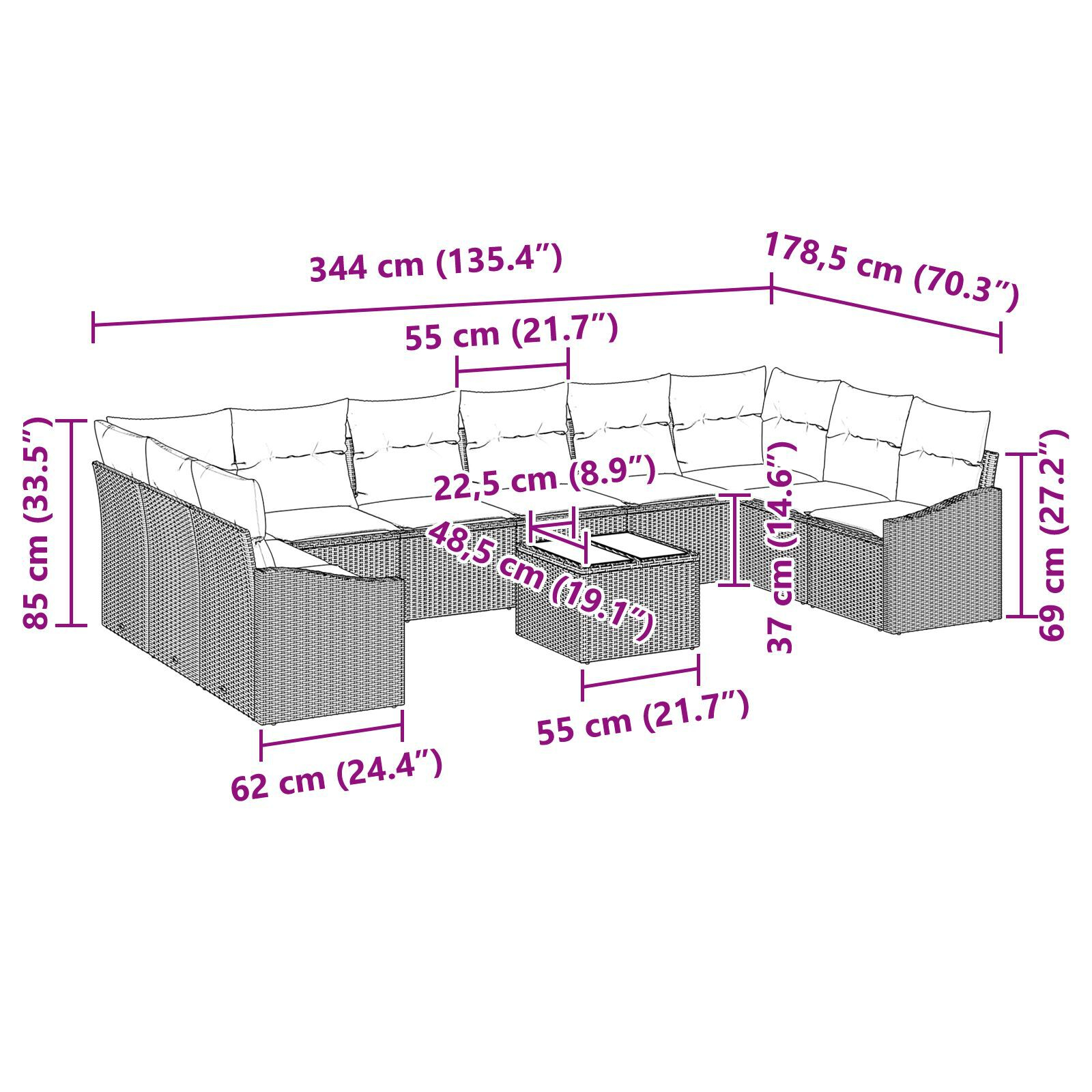 Set canapea grădină 10 piese cu perne poliratan maro GartenMobel Dekor