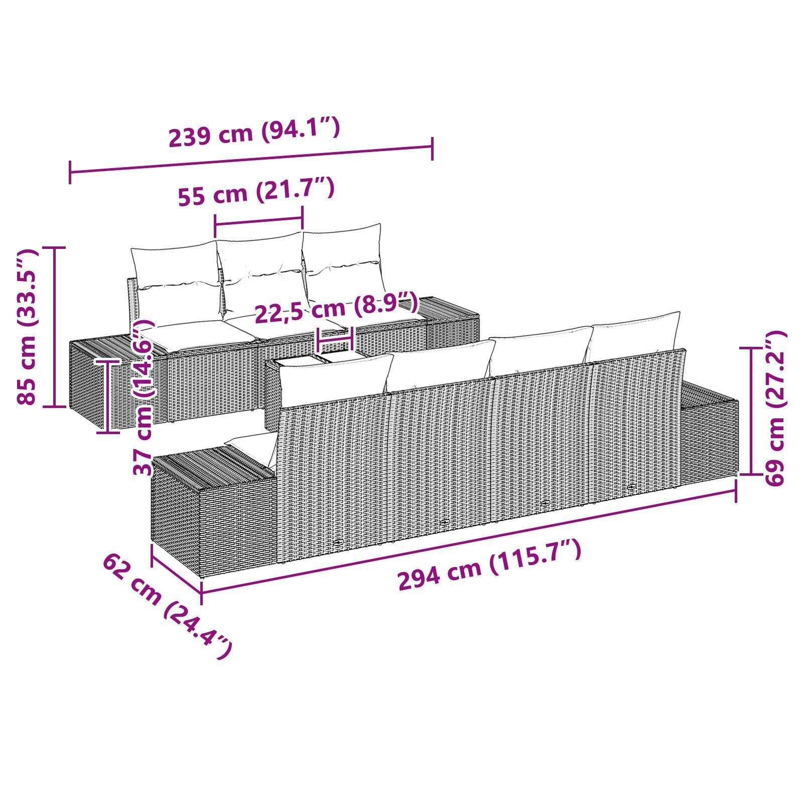 Set de canapea pentru grădină cu 8 piese cu perne negre din poliratan GartenMobel Dekor