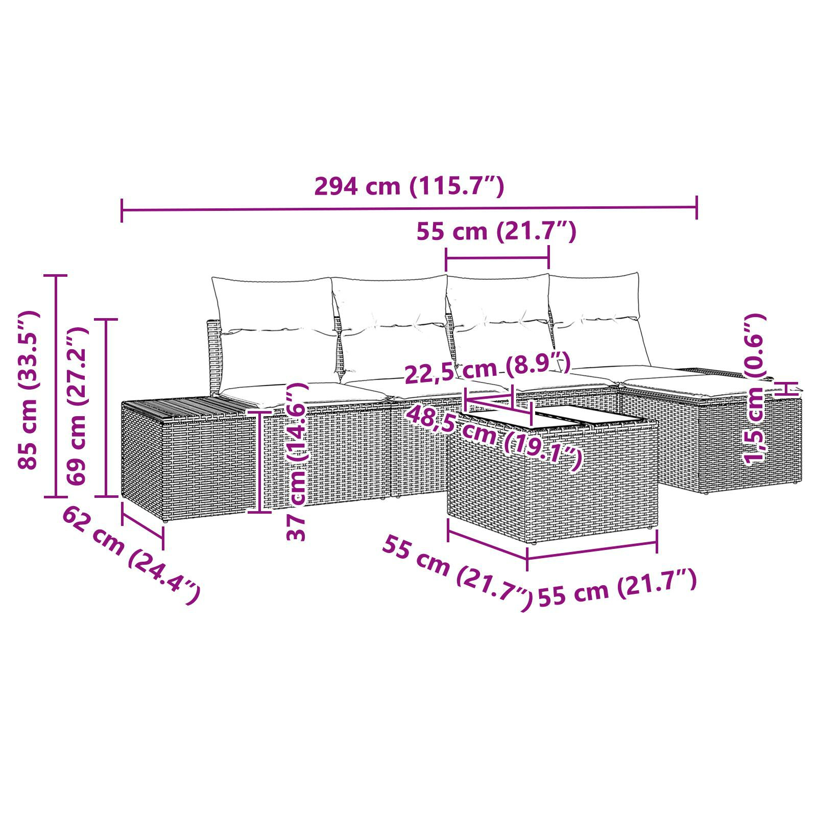 Set canapea cu 5 piese și perne negre din ratan poliester GartenMobel Dekor