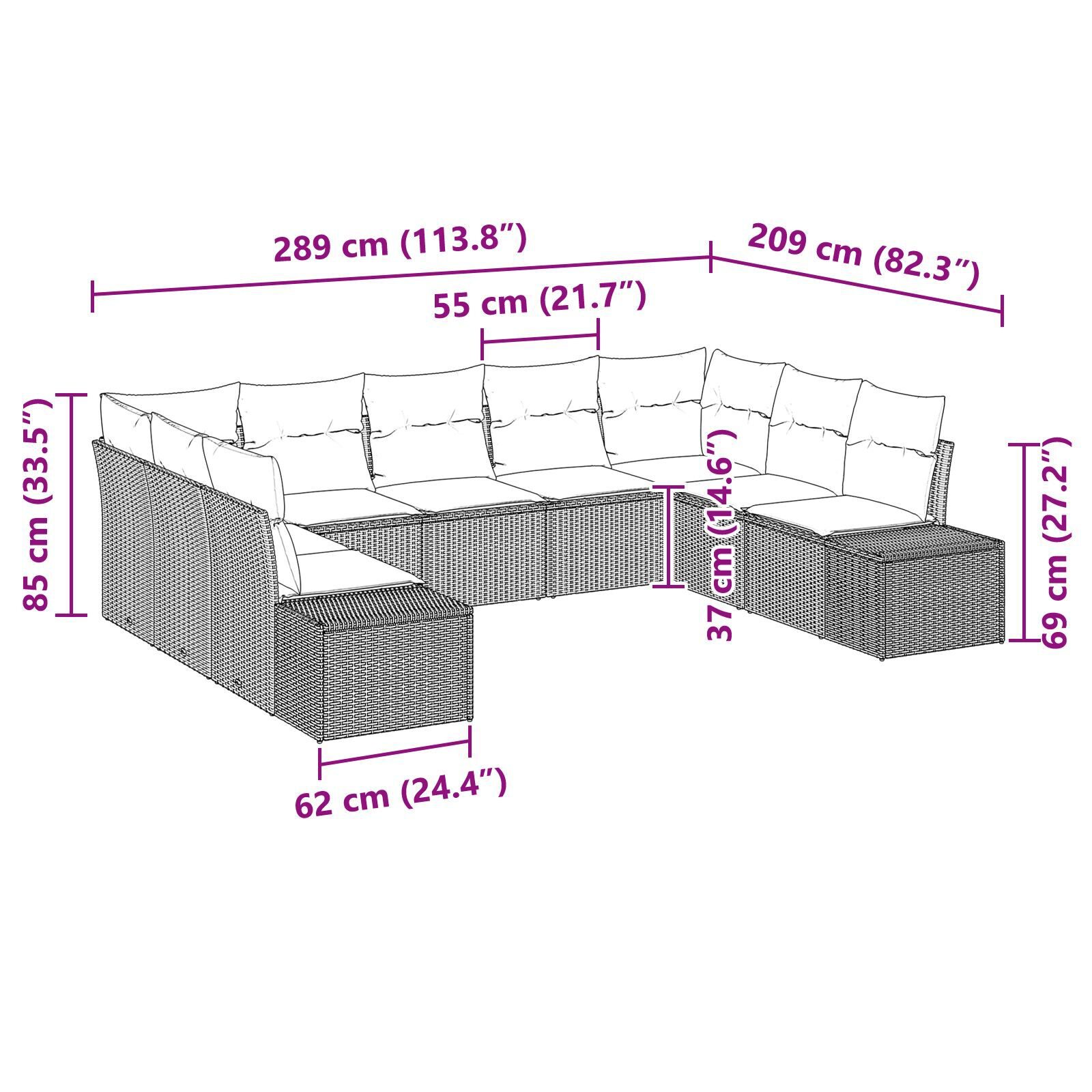 Set de grădină 9 piese cu perne Gri Poliratan GartenMobel Dekor